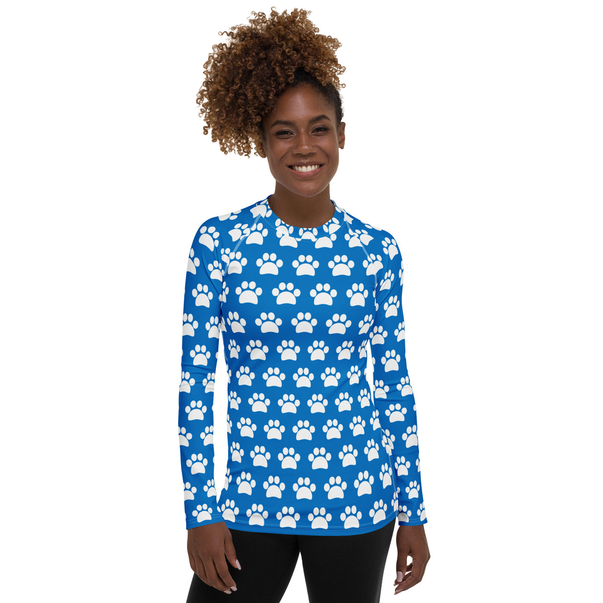Women's Blue Paw Print Long Sleeve Rash Guard Swim Shirt – Buttery Soft, Sun Safe UPF 50+ Protection, Quick Dry & 4-Way Stretch Comfort