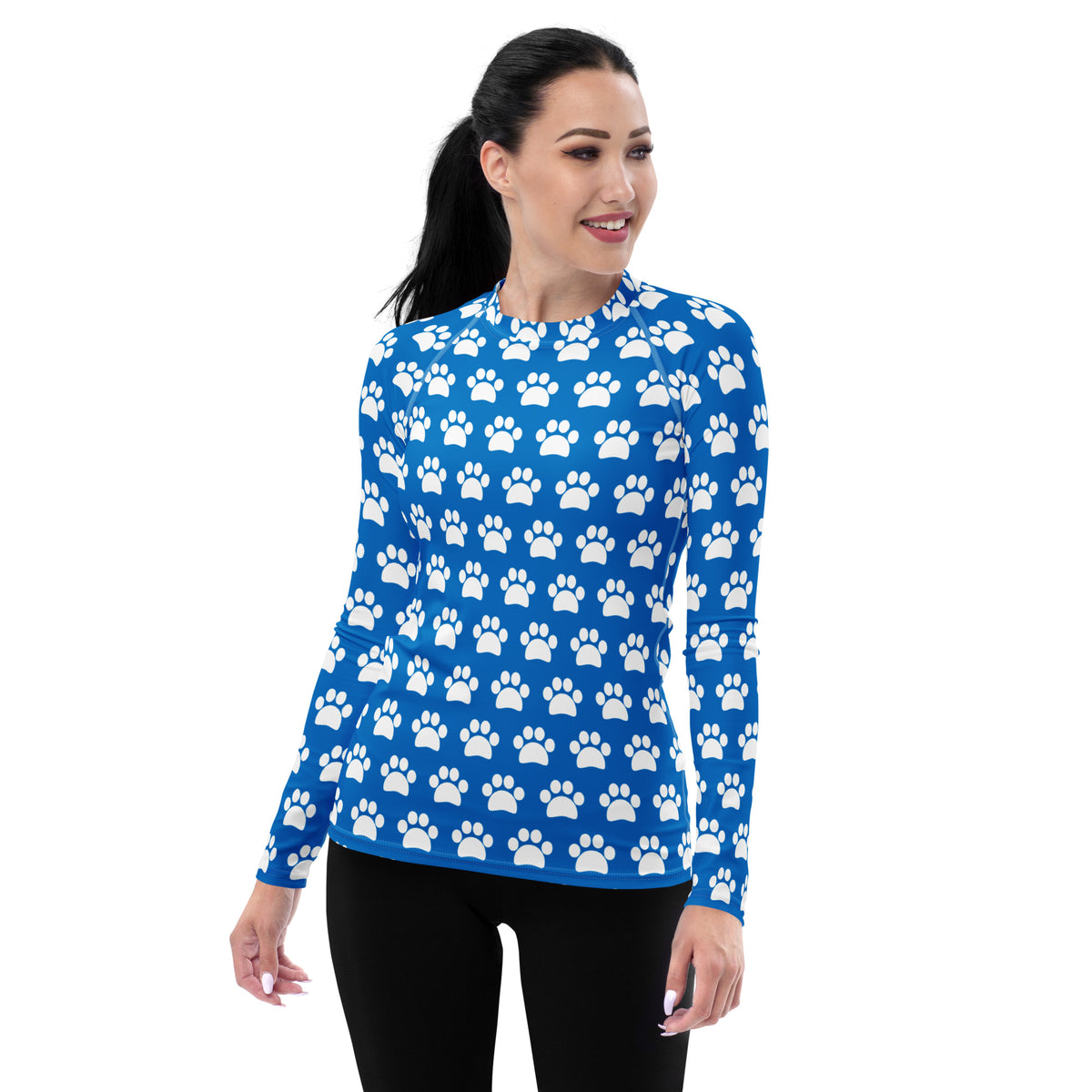Women's Blue Paw Print Long Sleeve Rash Guard Swim Shirt – Buttery Soft, Sun Safe UPF 50+ Protection, Quick Dry & 4-Way Stretch Comfort