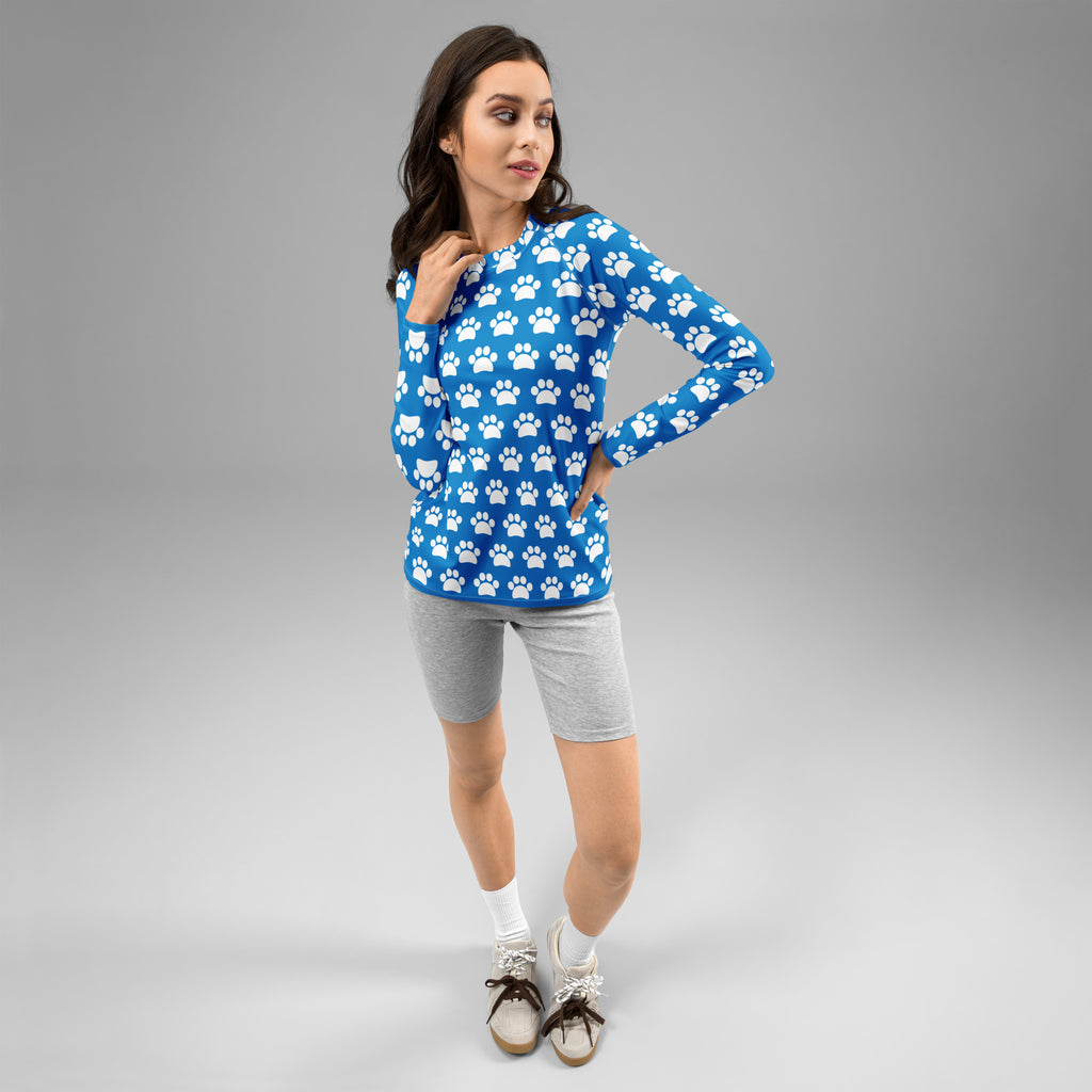 Women's Blue Paw Print Long Sleeve Rash Guard Swim Shirt – Buttery Soft, Sun Safe UPF 50+ Protection, Quick Dry & 4-Way Stretch Comfort