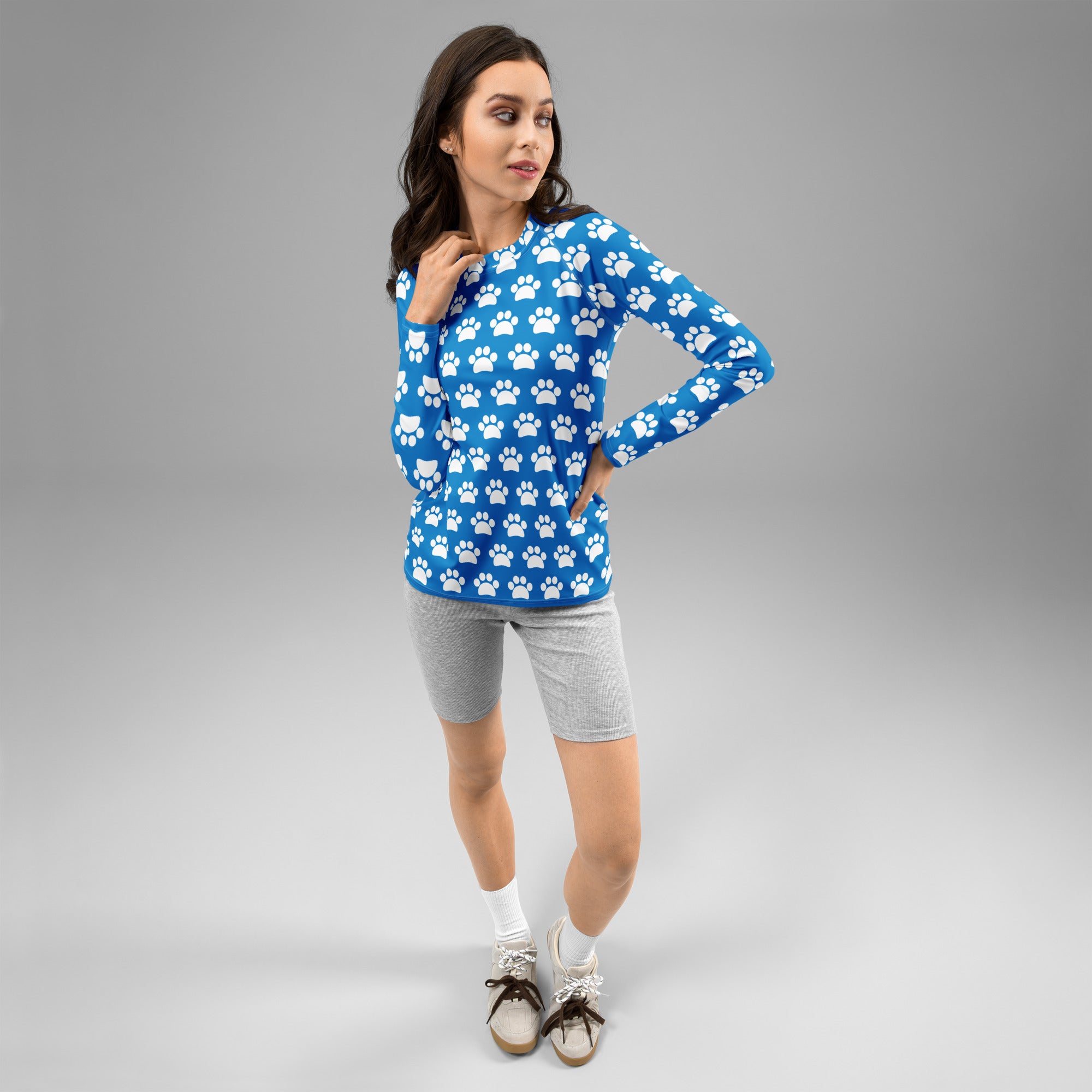 Women's Blue Paw Print Long Sleeve Rash Guard Swim Shirt – Buttery Soft, Sun Safe UPF 50+ Protection, Quick Dry & 4-Way Stretch Comfort