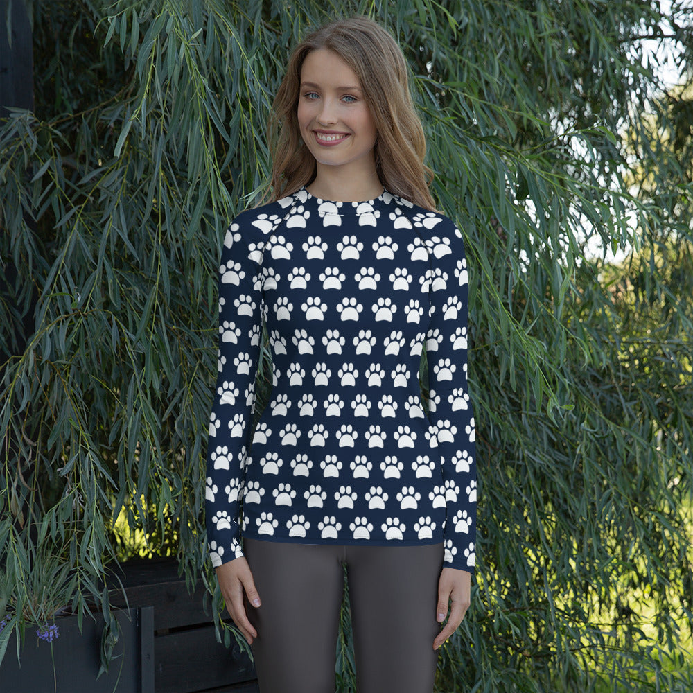 Women's Navy Blue Paw Print Long Sleeve Rash Guard Swim Shirt – Buttery Soft, Sun Safe UPF 50+ Protection, Quick Dry & 4-Way Stretch Comfort