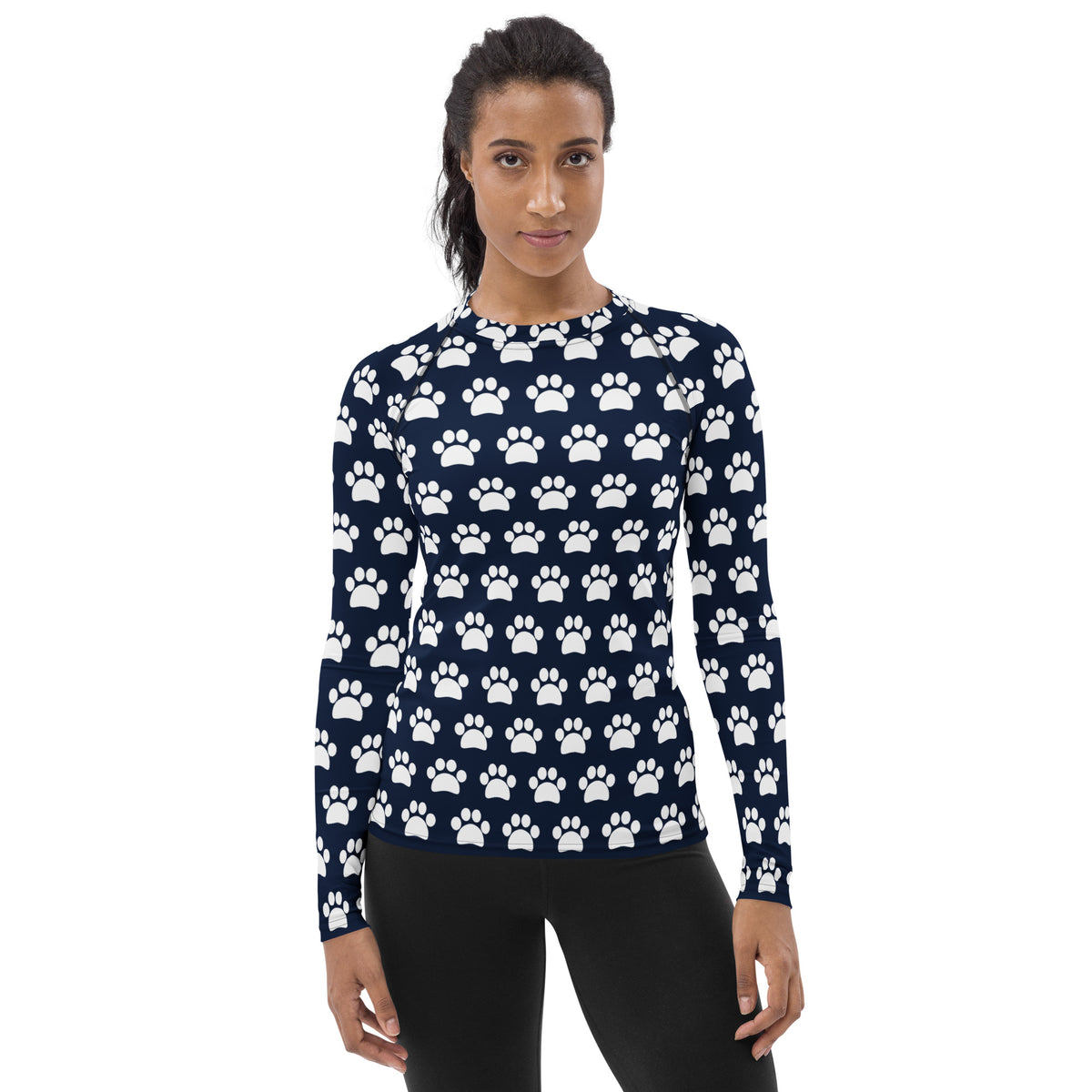 Women's Navy Blue Paw Print Long Sleeve Rash Guard Swim Shirt – Buttery Soft, Sun Safe UPF 50+ Protection, Quick Dry & 4-Way Stretch Comfort