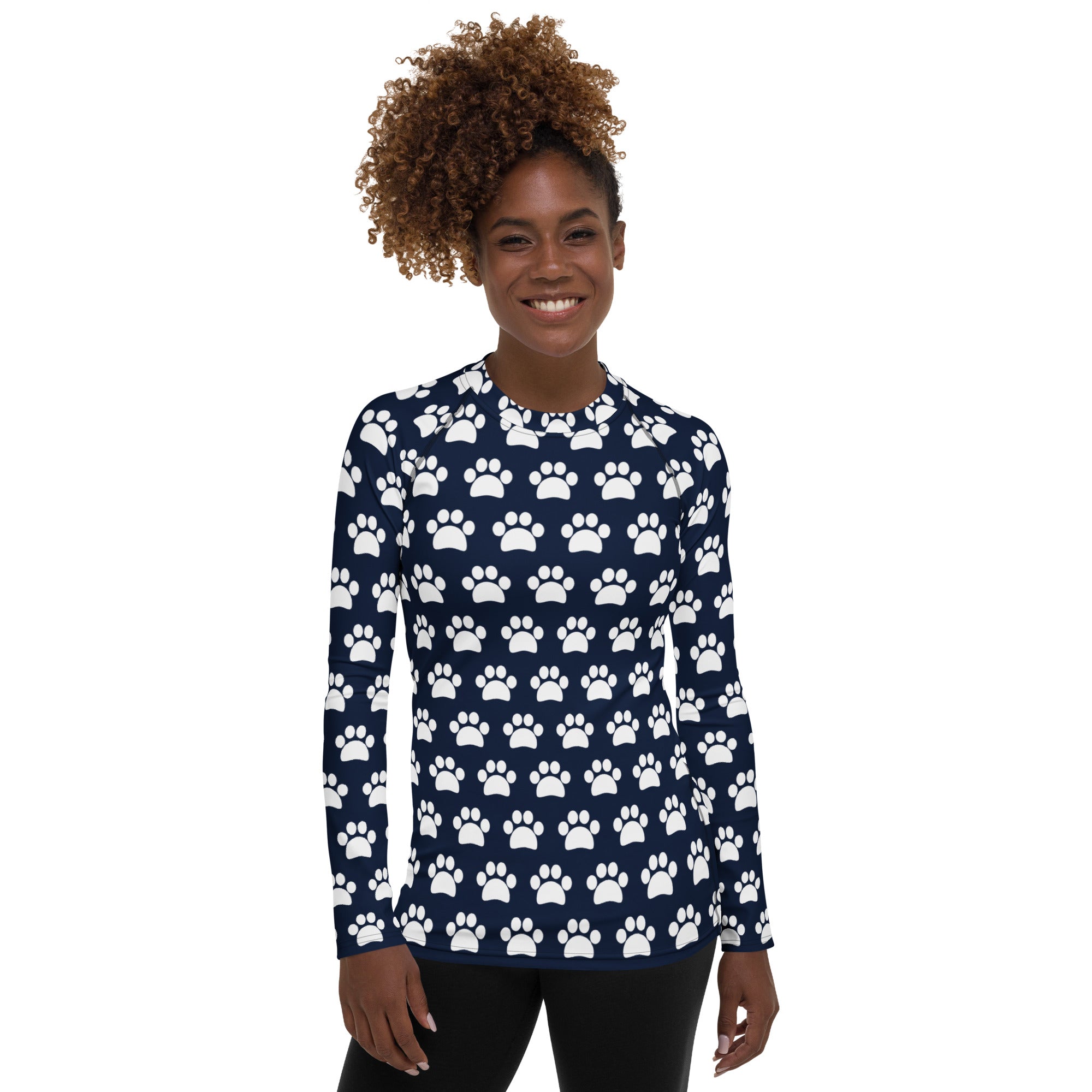 Women's Navy Blue Paw Print Long Sleeve Rash Guard Swim Shirt – Buttery Soft, Sun Safe UPF 50+ Protection, Quick Dry & 4-Way Stretch Comfort