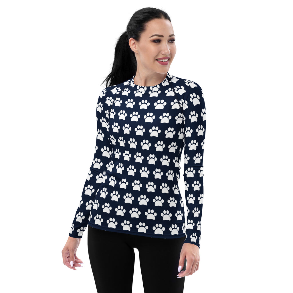 Women's Navy Blue Paw Print Long Sleeve Rash Guard Swim Shirt – Buttery Soft, Sun Safe UPF 50+ Protection, Quick Dry & 4-Way Stretch Comfort