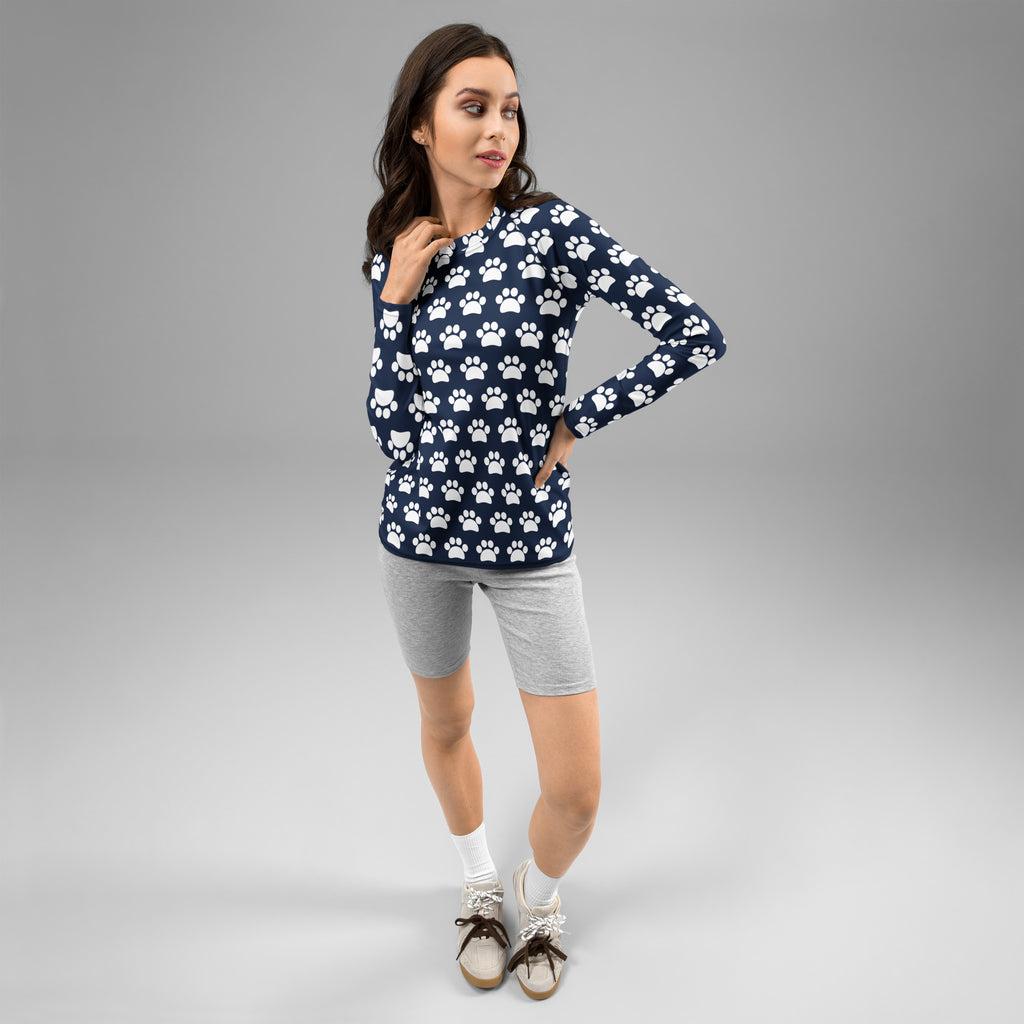 Women's Navy Blue Paw Print Long Sleeve Rash Guard Swim Shirt – Buttery Soft, Sun Safe UPF 50+ Protection, Quick Dry & 4-Way Stretch Comfort