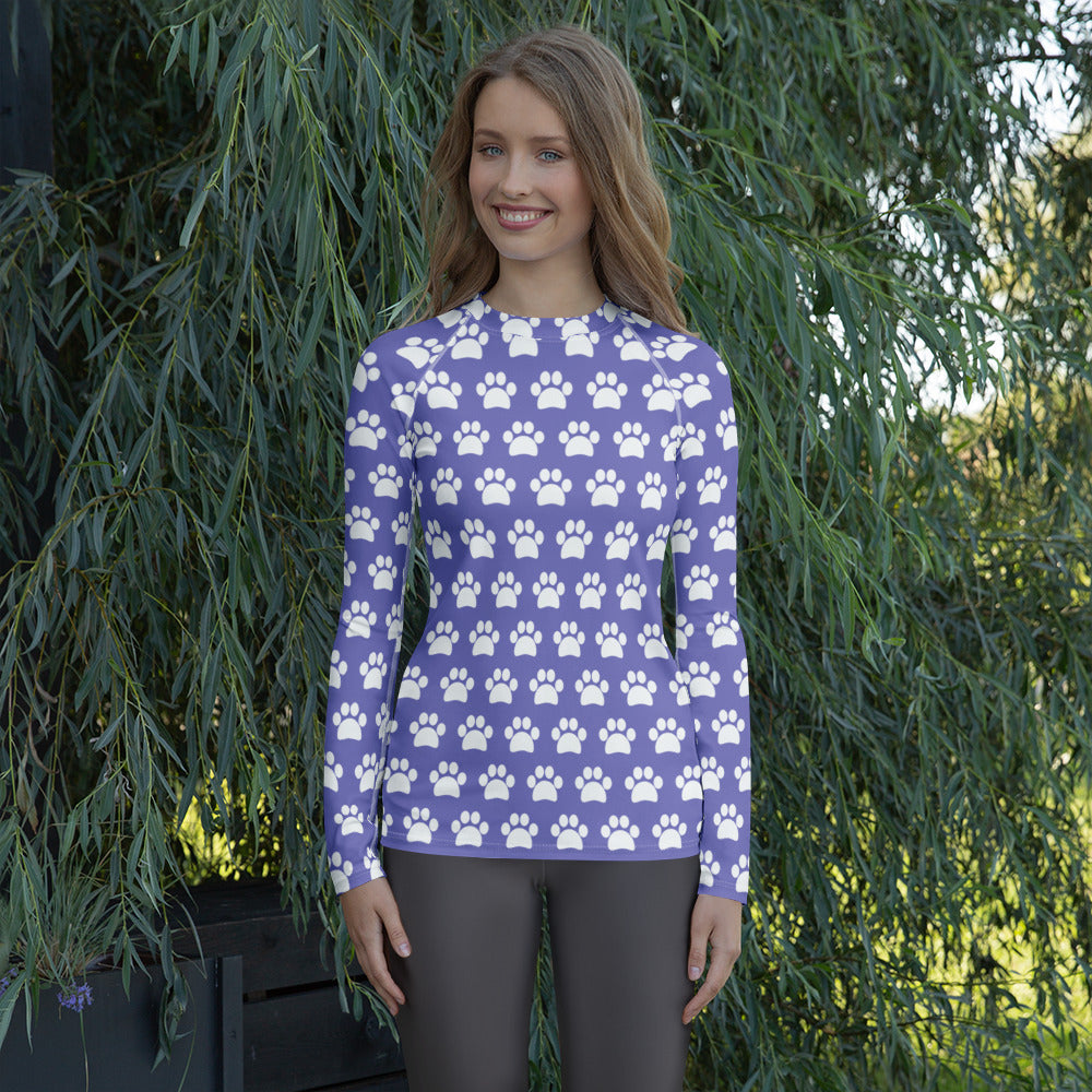 Women's Purple Paw Print Long Sleeve Rash Guard Swim Shirt – Buttery Soft, Sun Safe UPF 50+ Protection, Quick Dry & 4-Way Stretch Comfort