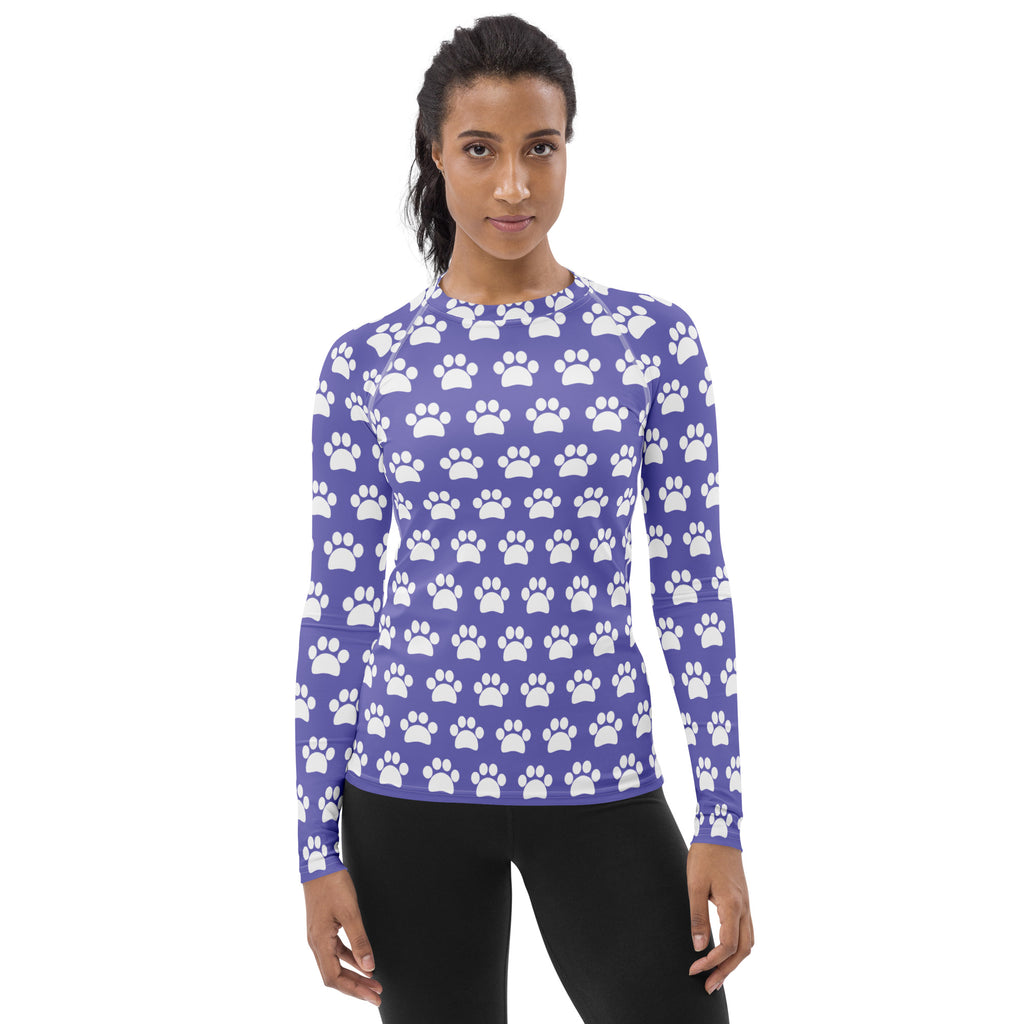 Women's Purple Paw Print Long Sleeve Rash Guard Swim Shirt – Buttery Soft, Sun Safe UPF 50+ Protection, Quick Dry & 4-Way Stretch Comfort