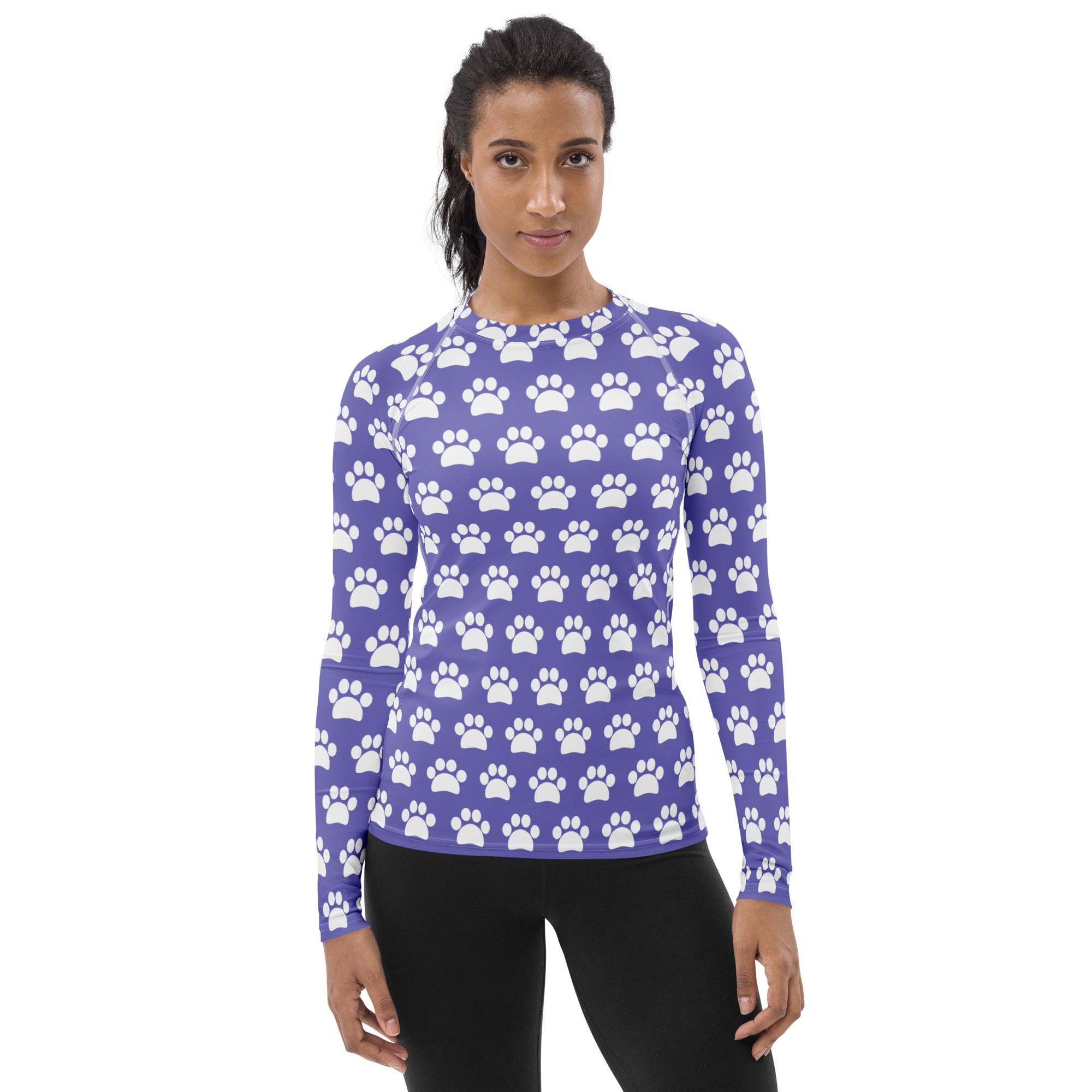 Women's Purple Paw Print Long Sleeve Rash Guard Swim Shirt – Buttery Soft, Sun Safe UPF 50+ Protection, Quick Dry & 4-Way Stretch Comfort