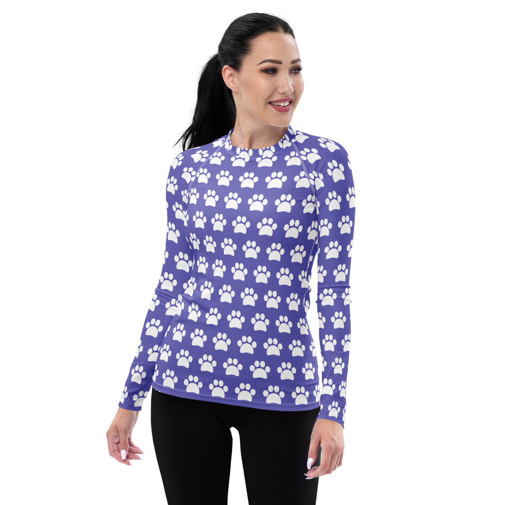 Women's Purple Paw Print Long Sleeve Rash Guard Swim Shirt – Buttery Soft, Sun Safe UPF 50+ Protection, Quick Dry & 4-Way Stretch Comfort
