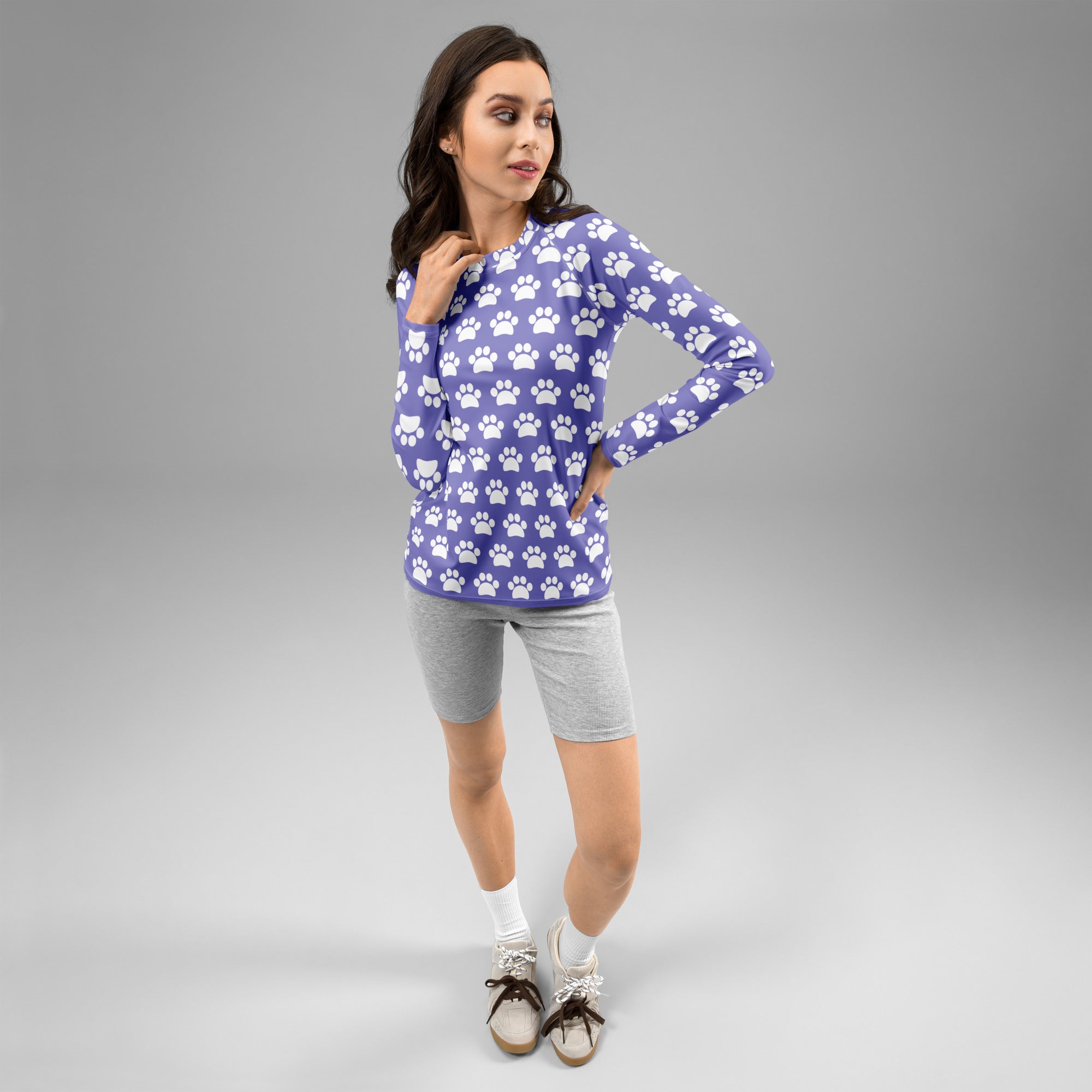 Women's Purple Paw Print Long Sleeve Rash Guard Swim Shirt – Buttery Soft, Sun Safe UPF 50+ Protection, Quick Dry & 4-Way Stretch Comfort