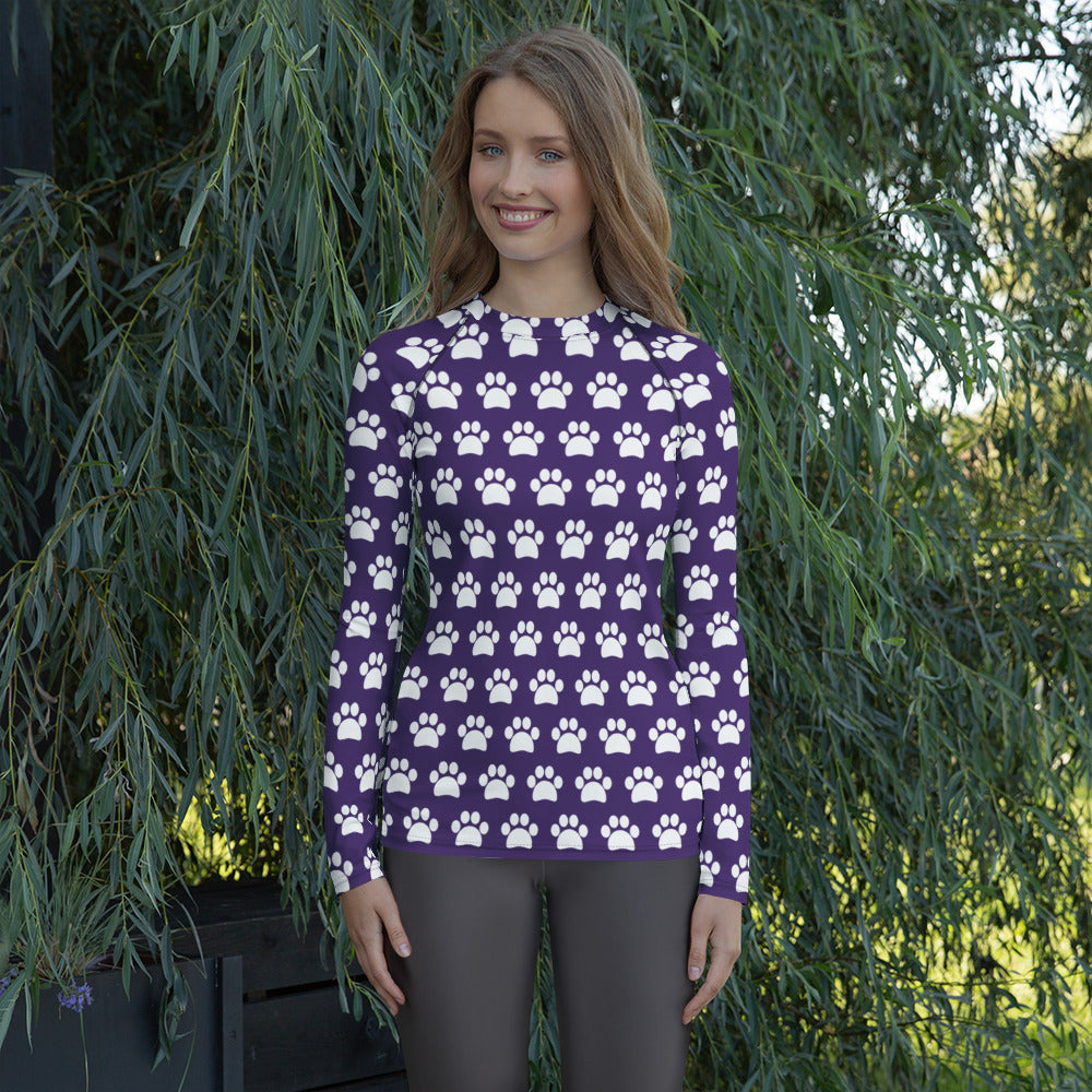 Women's Dark Purple Paw Print Long Sleeve Rash Guard Swim Shirt – Buttery Soft, Sun Safe UPF 50+ Protection, Quick Dry & 4-Way Stretch Comfort