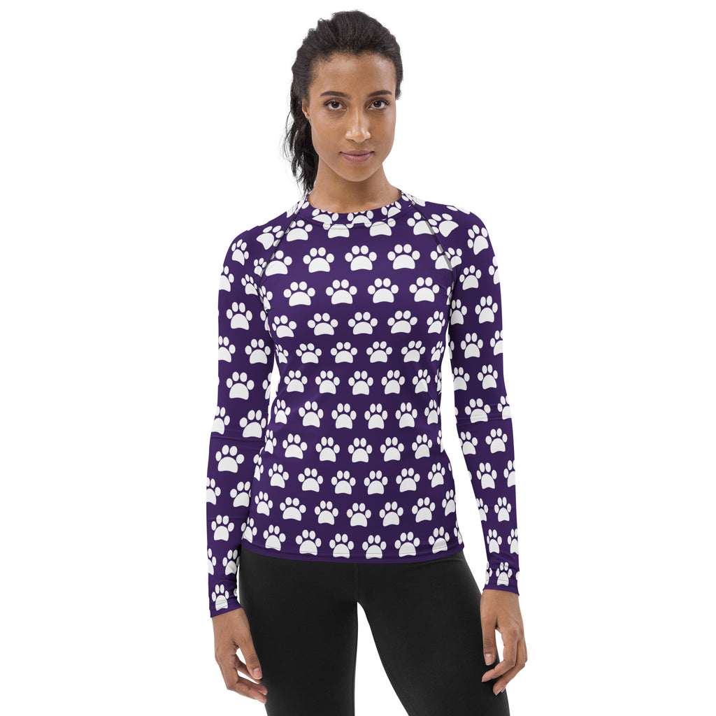 Women's Dark Purple Paw Print Long Sleeve Rash Guard Swim Shirt – Buttery Soft, Sun Safe UPF 50+ Protection, Quick Dry & 4-Way Stretch Comfort