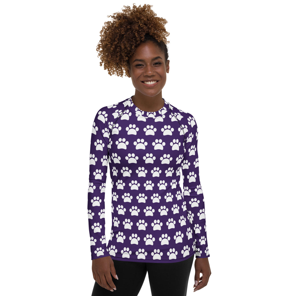 Women's Dark Purple Paw Print Long Sleeve Rash Guard Swim Shirt – Buttery Soft, Sun Safe UPF 50+ Protection, Quick Dry & 4-Way Stretch Comfort