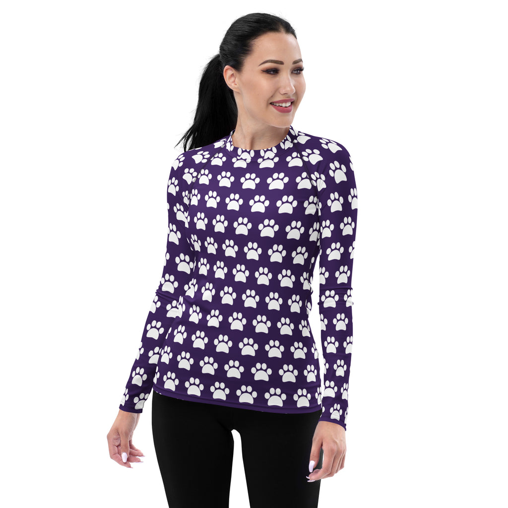Women's Dark Purple Paw Print Long Sleeve Rash Guard Swim Shirt – Buttery Soft, Sun Safe UPF 50+ Protection, Quick Dry & 4-Way Stretch Comfort