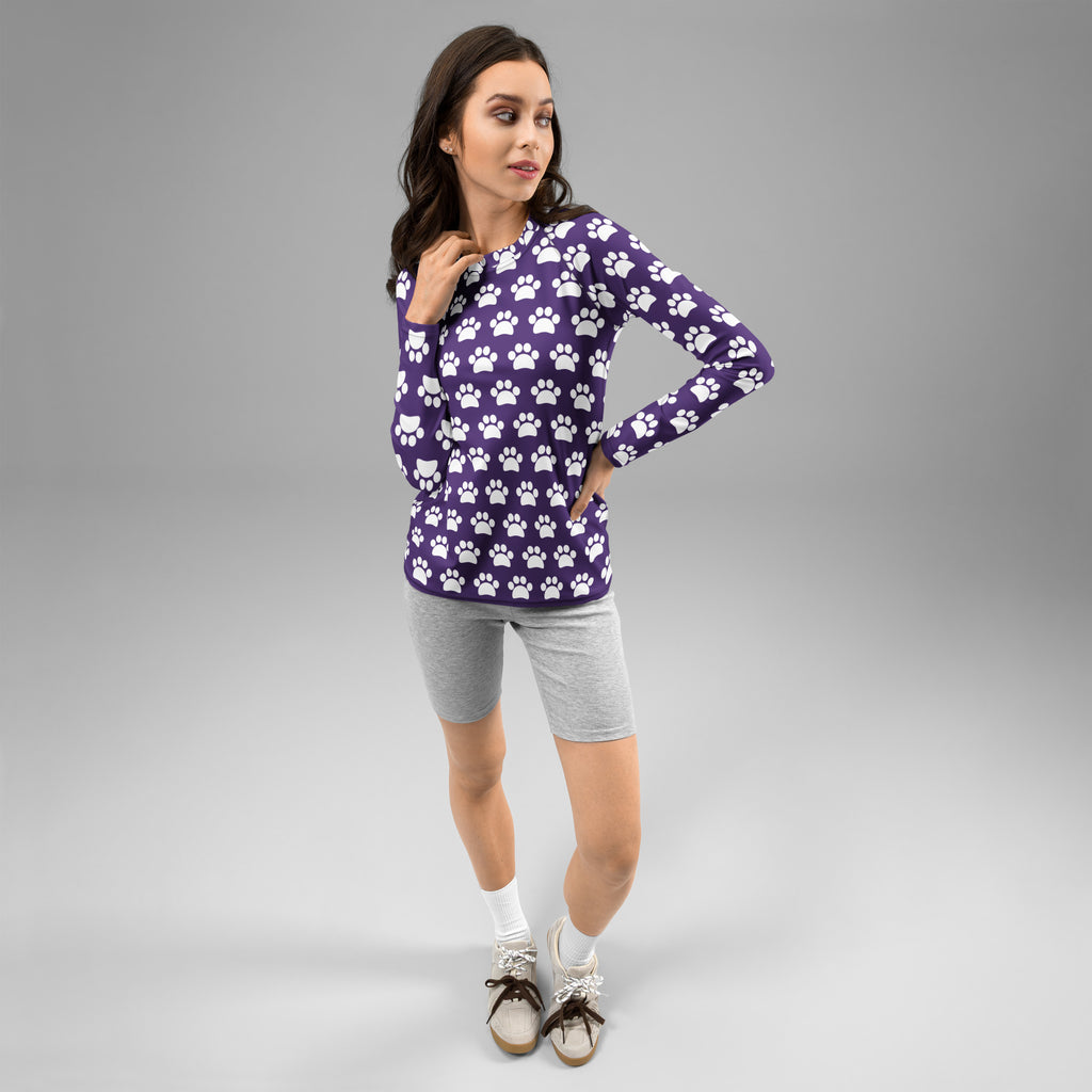 Women's Dark Purple Paw Print Long Sleeve Rash Guard Swim Shirt – Buttery Soft, Sun Safe UPF 50+ Protection, Quick Dry & 4-Way Stretch Comfort