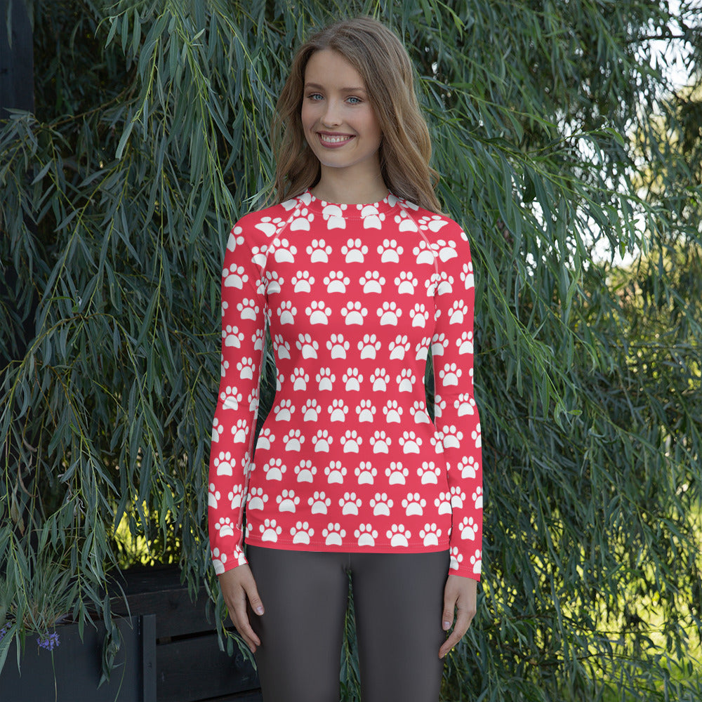 Women's Bright Pink Paw Print Long Sleeve Rash Guard Swim Shirt – Buttery Soft, Sun Safe UPF 50+ Protection, Quick Dry & 4-Way Stretch Comfort
