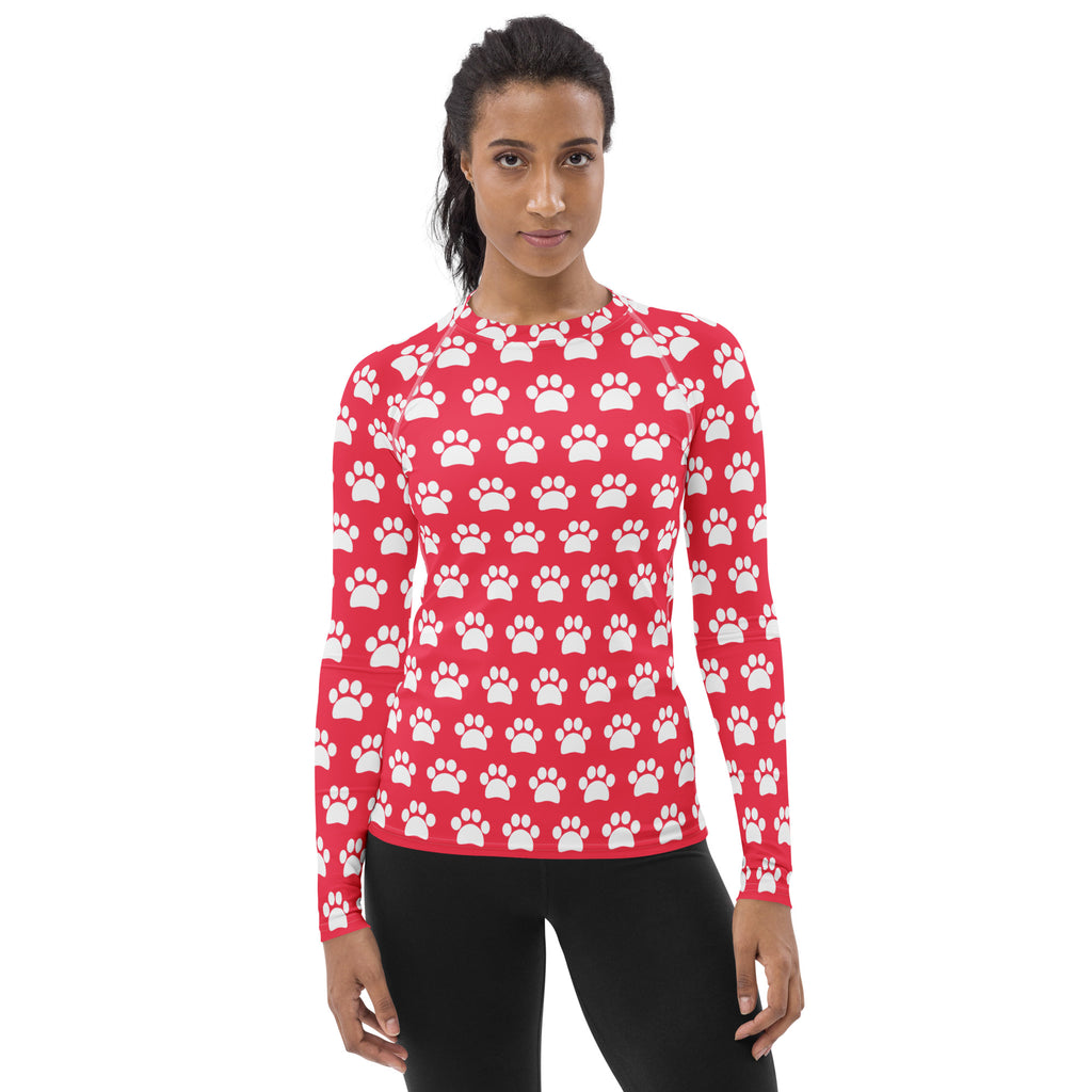 Women's Bright Pink Paw Print Long Sleeve Rash Guard Swim Shirt – Buttery Soft, Sun Safe UPF 50+ Protection, Quick Dry & 4-Way Stretch Comfort