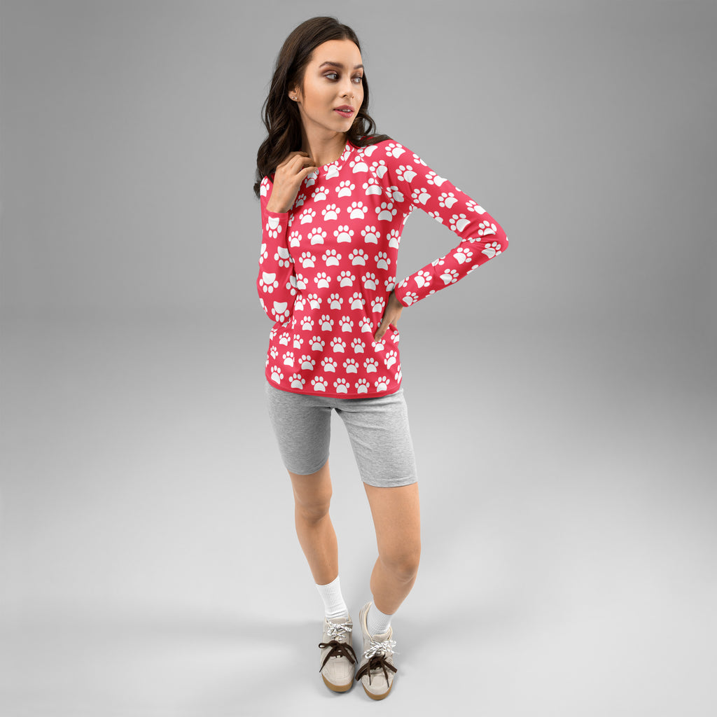 Women's Bright Pink Paw Print Long Sleeve Rash Guard Swim Shirt – Buttery Soft, Sun Safe UPF 50+ Protection, Quick Dry & 4-Way Stretch Comfort