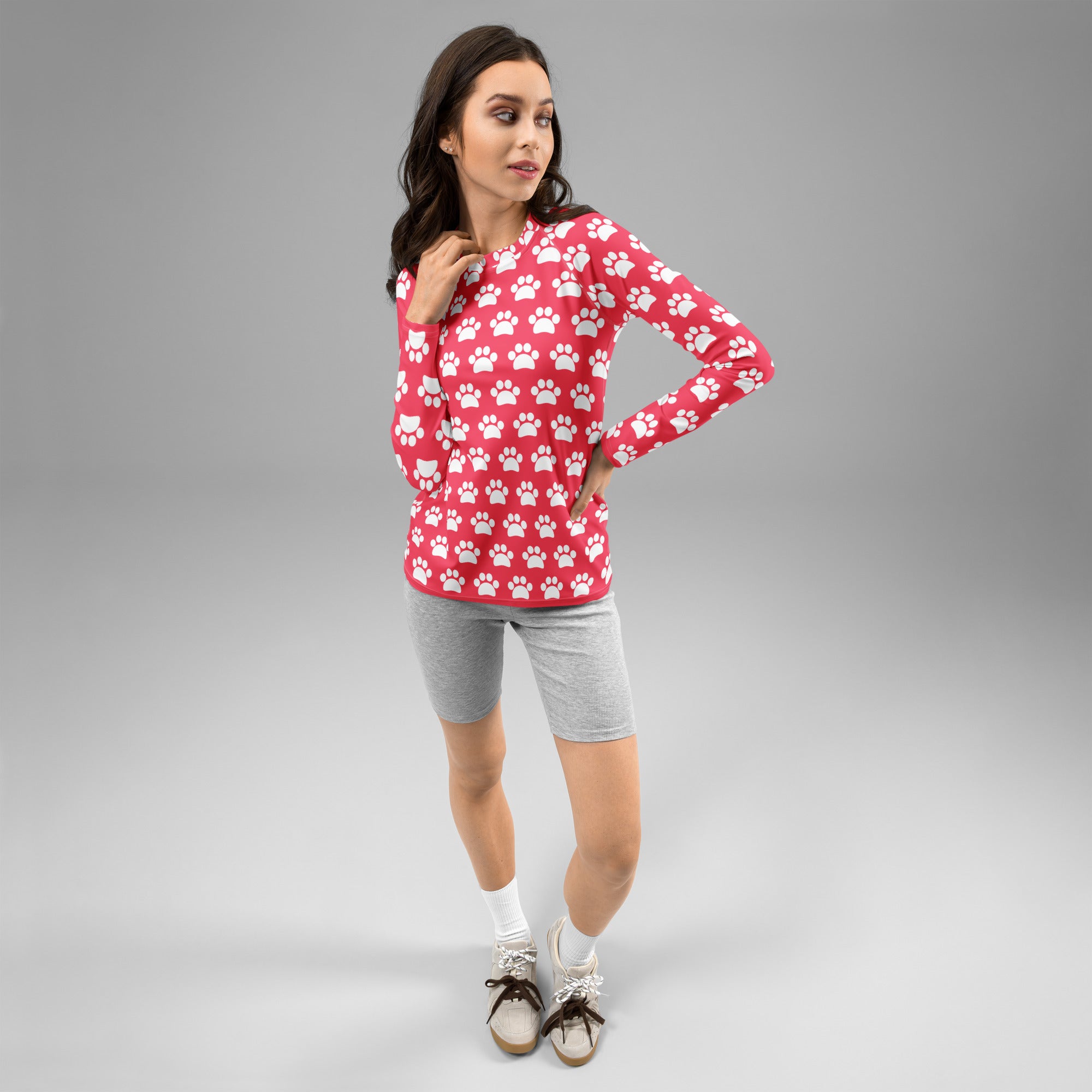 Women's Bright Pink Paw Print Long Sleeve Rash Guard Swim Shirt – Buttery Soft, Sun Safe UPF 50+ Protection, Quick Dry & 4-Way Stretch Comfort
