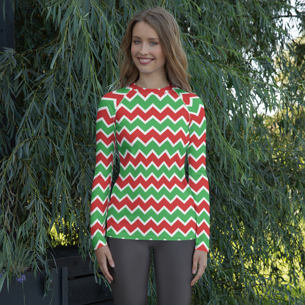 Women's Christmas Chevron Long Sleeve Rash Guard Swim Shirt – Buttery Soft, Sun Safe UPF 50+ Protection, Quick Dry & 4-Way Stretch Comfort