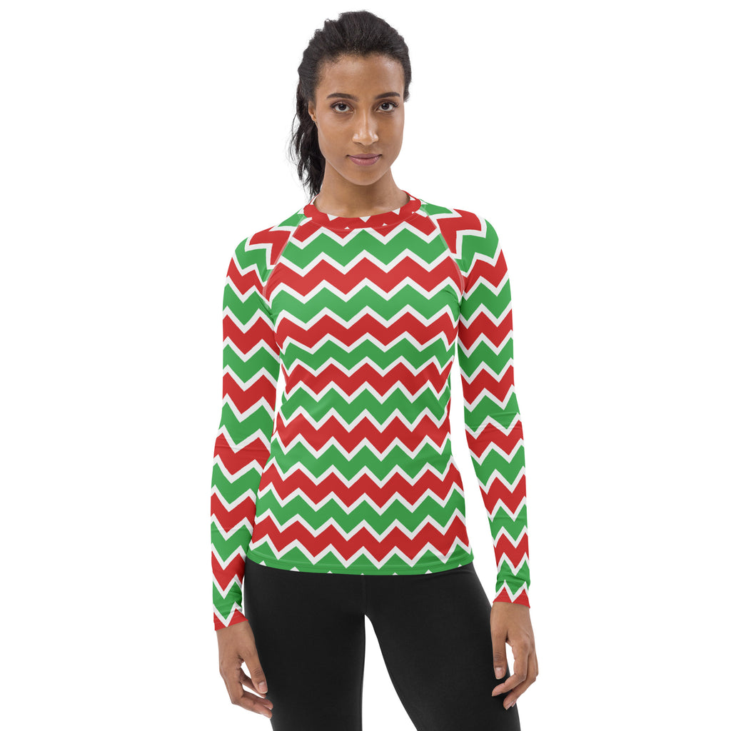 Women's Christmas Chevron Long Sleeve Rash Guard Swim Shirt – Buttery Soft, Sun Safe UPF 50+ Protection, Quick Dry & 4-Way Stretch Comfort