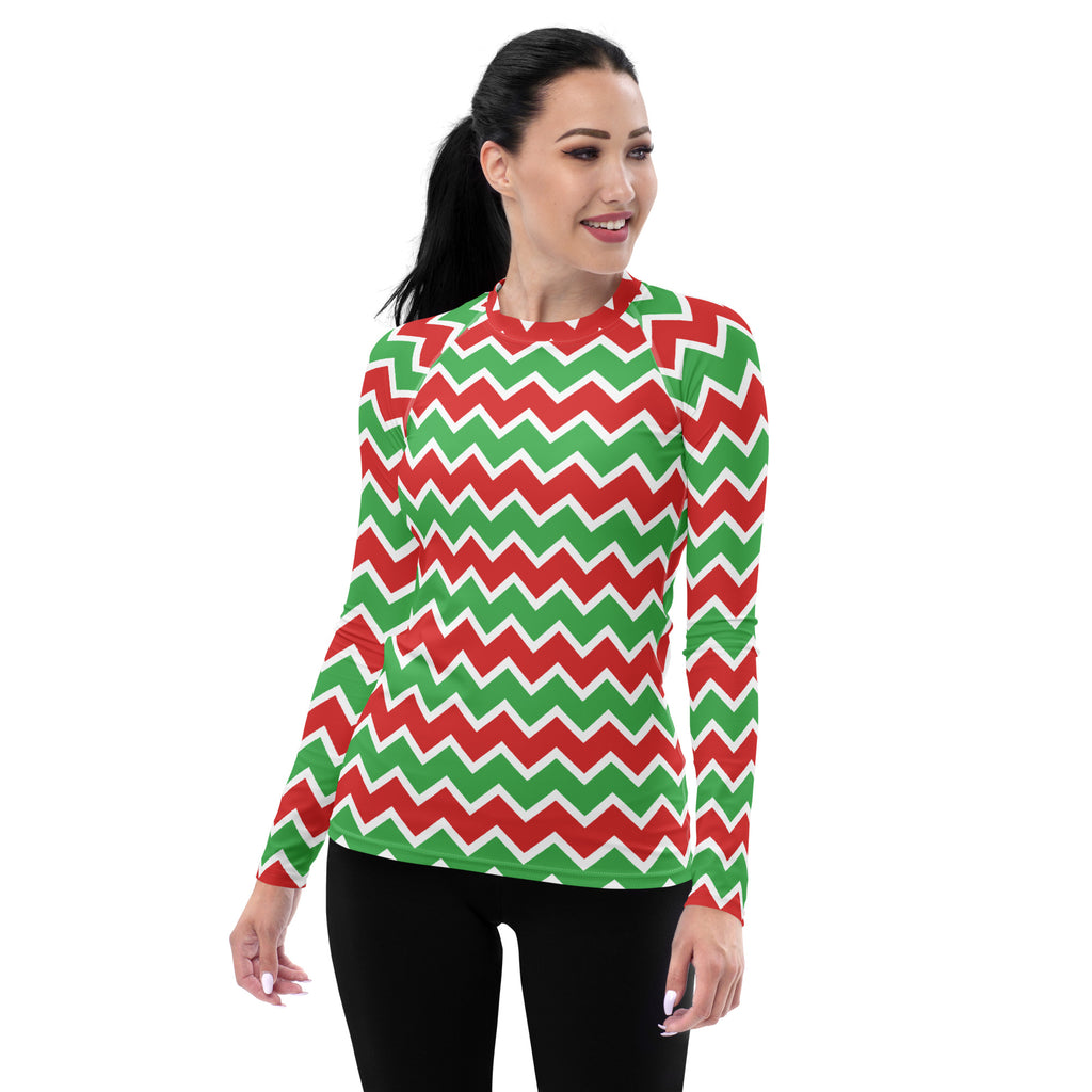 Women's Christmas Chevron Long Sleeve Rash Guard Swim Shirt – Buttery Soft, Sun Safe UPF 50+ Protection, Quick Dry & 4-Way Stretch Comfort