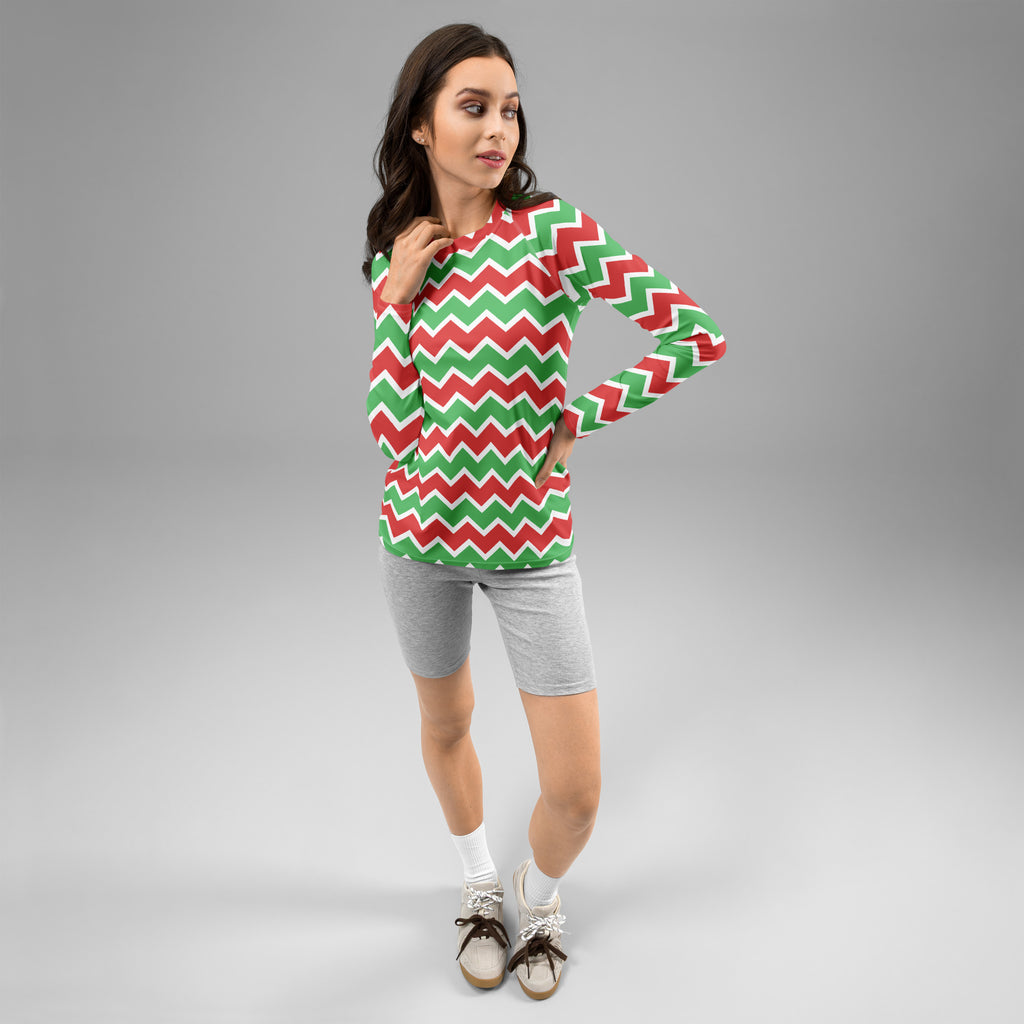 Women's Christmas Chevron Long Sleeve Rash Guard Swim Shirt – Buttery Soft, Sun Safe UPF 50+ Protection, Quick Dry & 4-Way Stretch Comfort