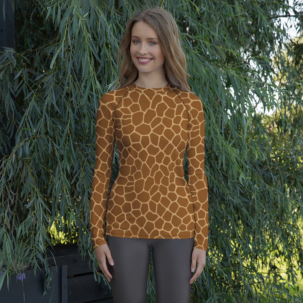 Women's Giraffe Print Long Sleeve Rash Guard Swim Shirt – Buttery Soft, Sun Safe UPF 50+ Protection, Quick Dry & 4-Way Stretch Comfort
