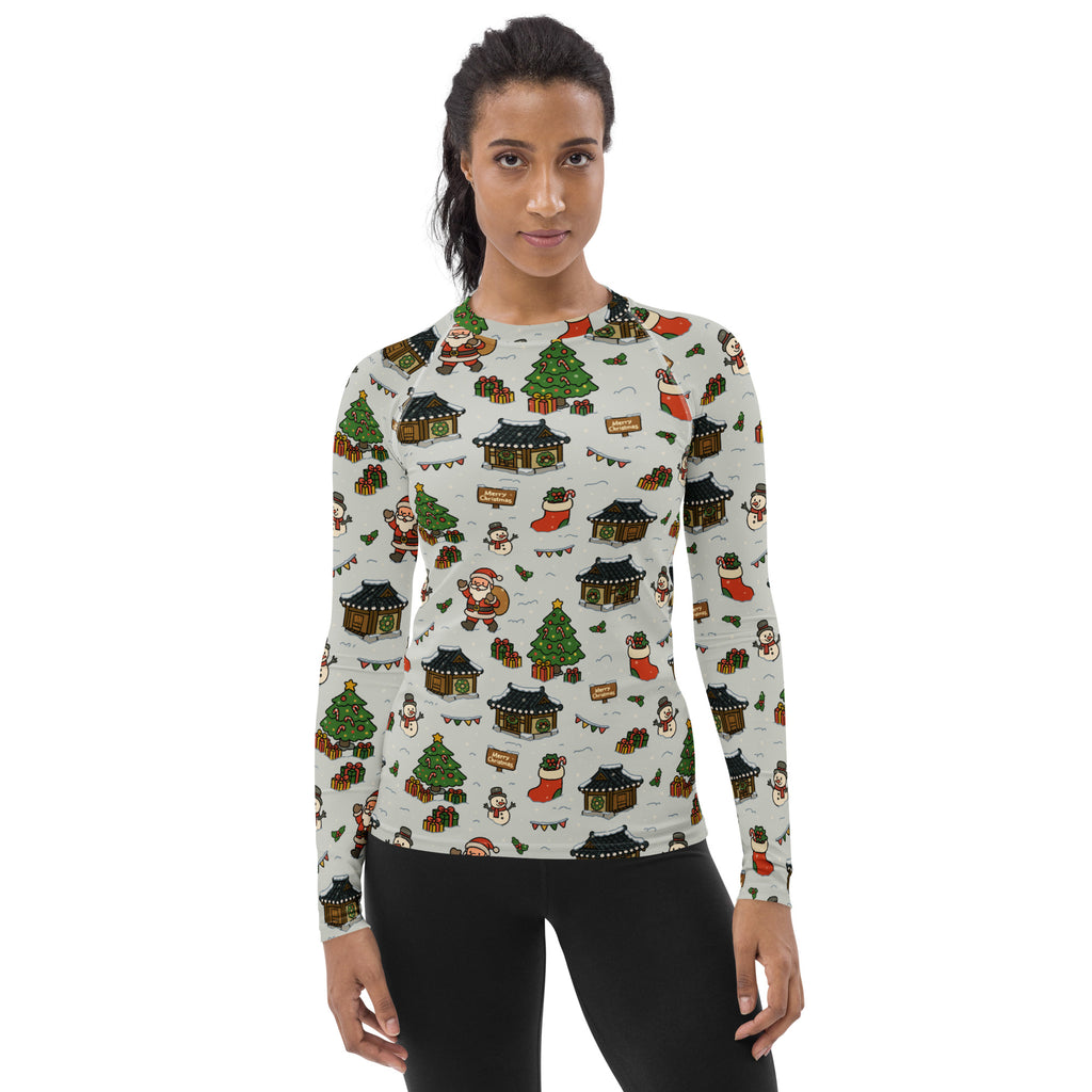 Women's Christmas Village Long Sleeve Rash Guard Swim Shirt – Buttery Soft, Sun Safe UPF 50+ Protection, Quick Dry & 4-Way Stretch Comfort