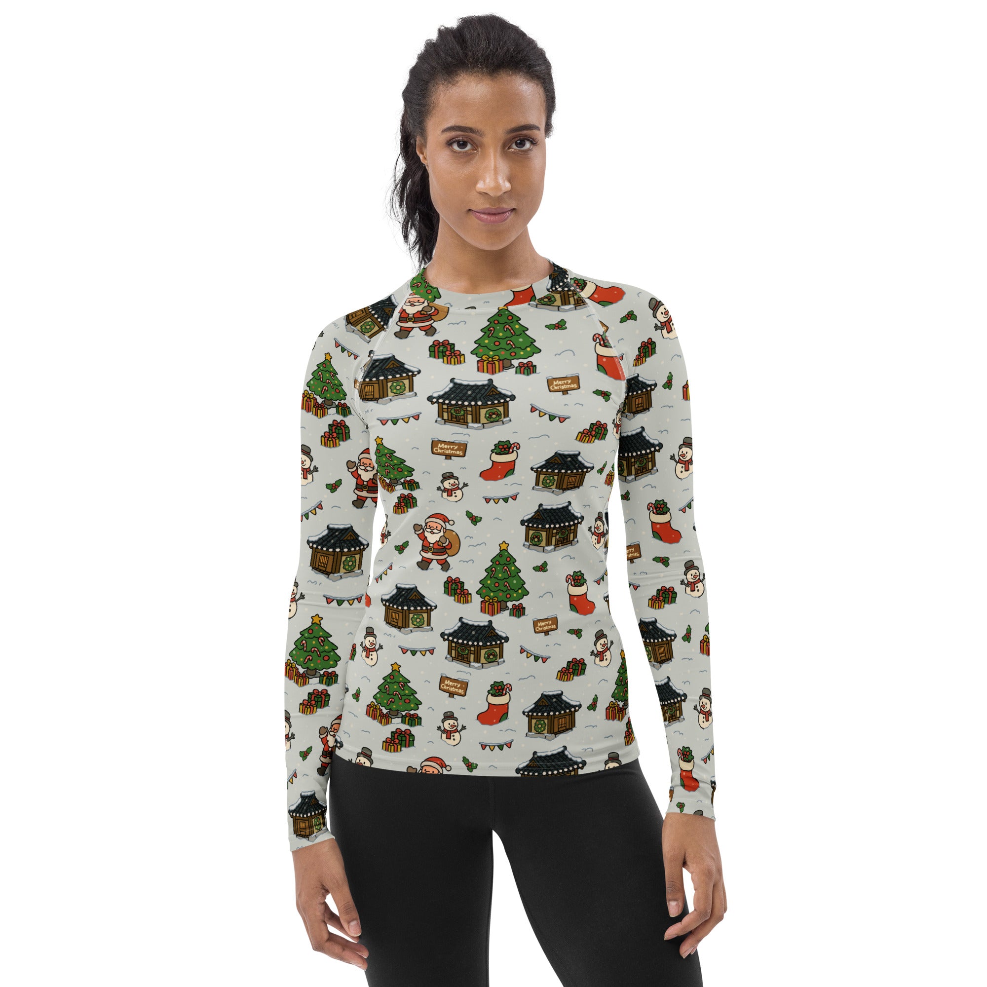 Women's Christmas Village Long Sleeve Rash Guard Swim Shirt – Buttery Soft, Sun Safe UPF 50+ Protection, Quick Dry & 4-Way Stretch Comfort