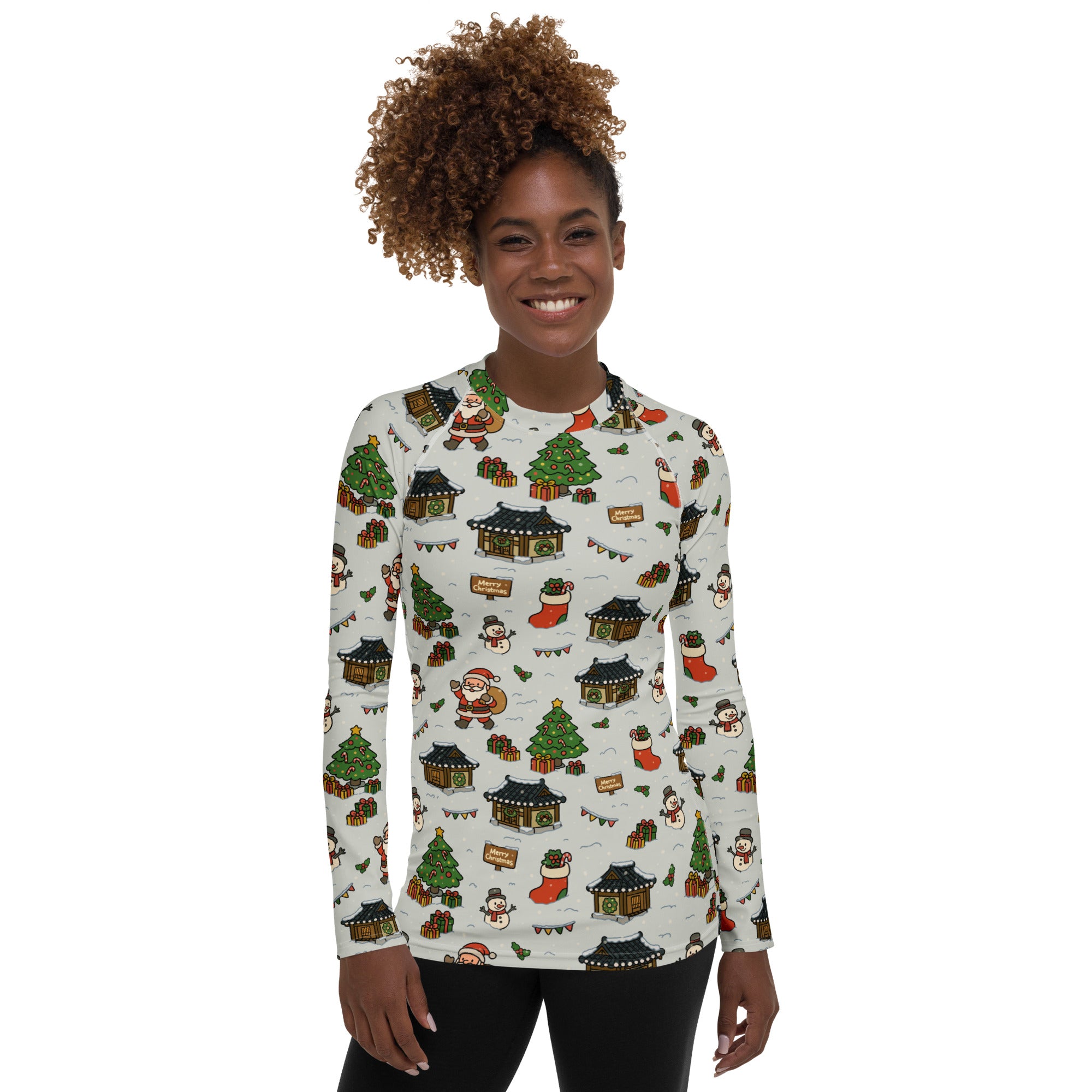 Women's Christmas Village Long Sleeve Rash Guard Swim Shirt – Buttery Soft, Sun Safe UPF 50+ Protection, Quick Dry & 4-Way Stretch Comfort