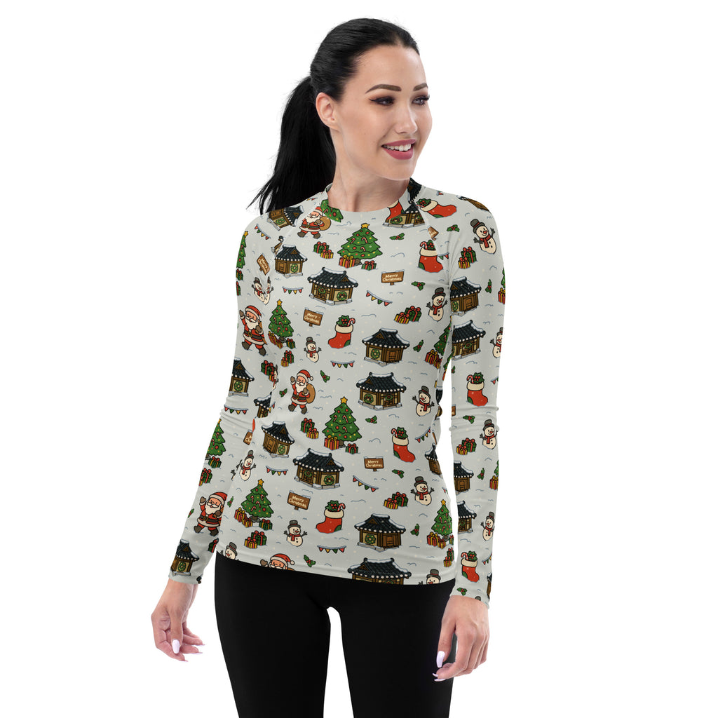 Women's Christmas Village Long Sleeve Rash Guard Swim Shirt – Buttery Soft, Sun Safe UPF 50+ Protection, Quick Dry & 4-Way Stretch Comfort