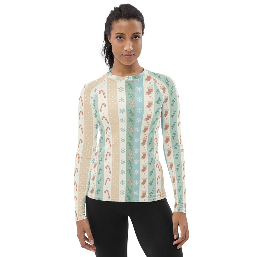 Women's Candy Cane Snowflake Holiday Stripe Long Sleeve Rash Guard Swim Shirt – Buttery Soft, Sun Safe UPF 50+ Protection, Quick Dry & 4-Way Stretch Comfort