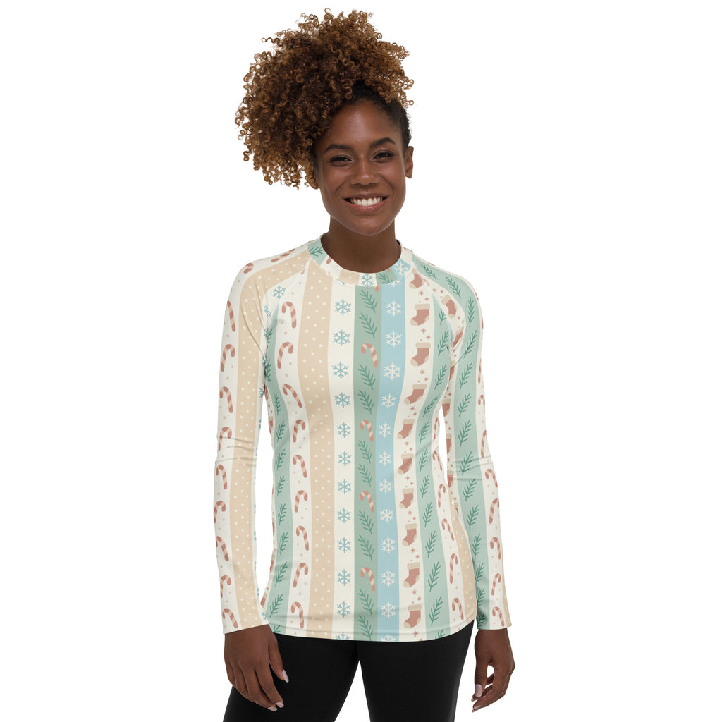 Women's Candy Cane Snowflake Holiday Stripe Long Sleeve Rash Guard Swim Shirt – Buttery Soft, Sun Safe UPF 50+ Protection, Quick Dry & 4-Way Stretch Comfort