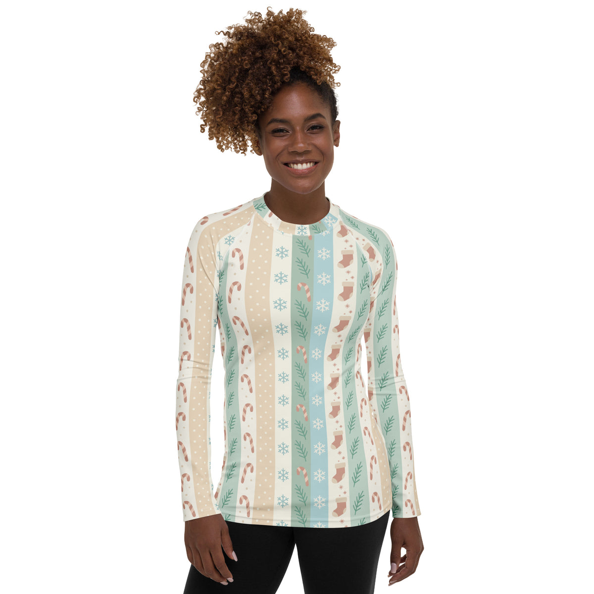 Women's Candy Cane Snowflake Holiday Stripe Long Sleeve Rash Guard Swim Shirt – Buttery Soft, Sun Safe UPF 50+ Protection, Quick Dry & 4-Way Stretch Comfort