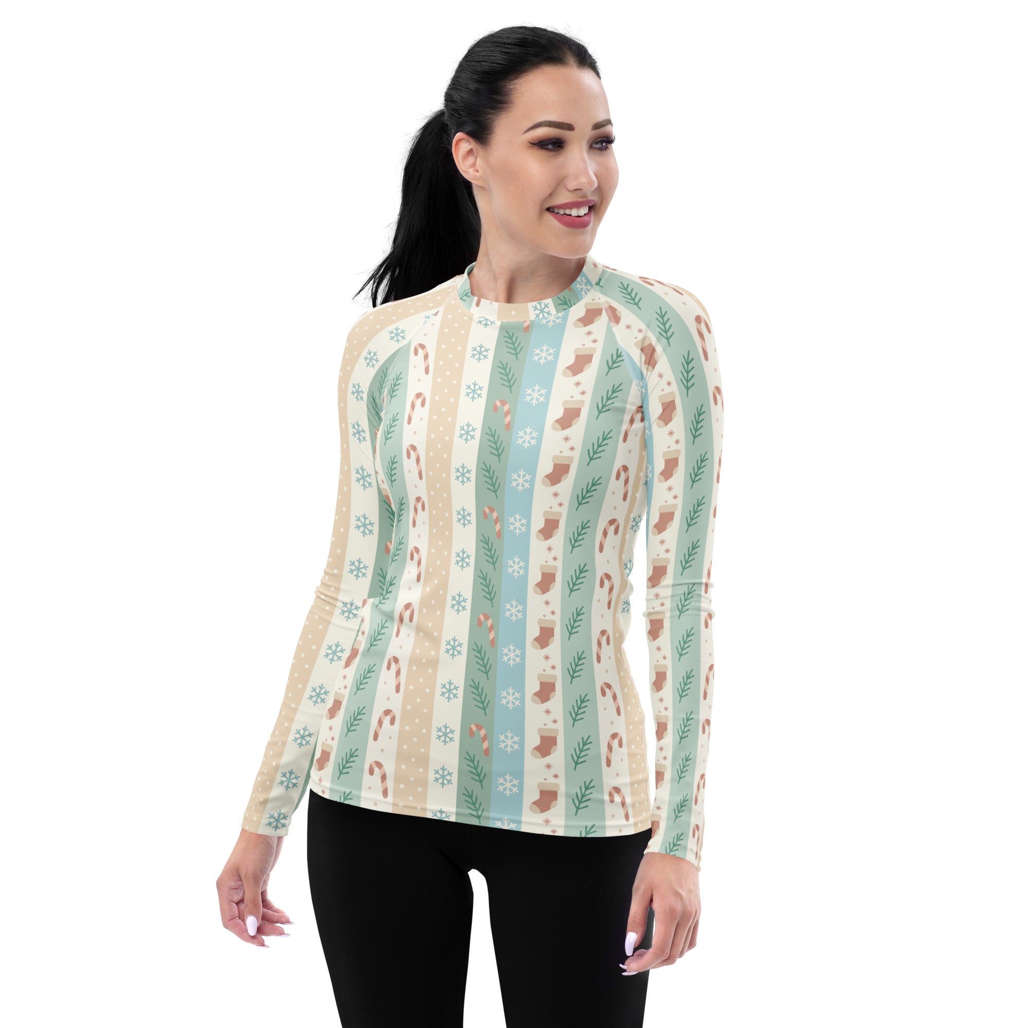 Women's Candy Cane Snowflake Holiday Stripe Long Sleeve Rash Guard Swim Shirt – Buttery Soft, Sun Safe UPF 50+ Protection, Quick Dry & 4-Way Stretch Comfort