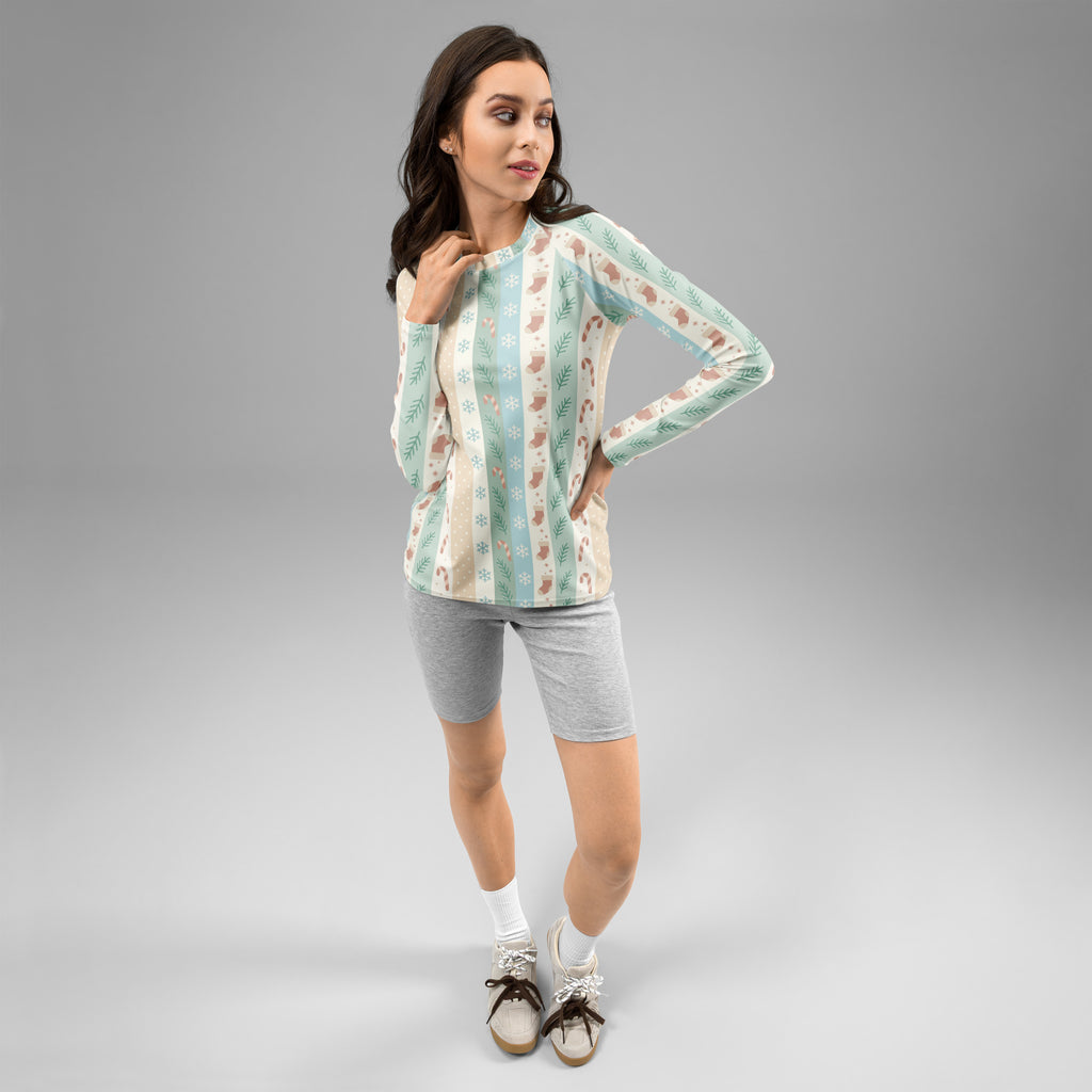 Women's Candy Cane Snowflake Holiday Stripe Long Sleeve Rash Guard Swim Shirt – Buttery Soft, Sun Safe UPF 50+ Protection, Quick Dry & 4-Way Stretch Comfort
