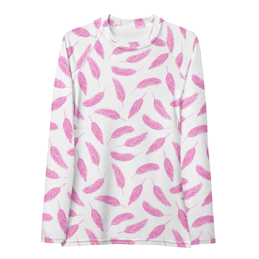 Women's Pink Flamingo Feather Long Sleeve Rash Guard Swim Shirt – Buttery Soft, Sun Safe UPF 50+ Protection, Quick Dry & 4-Way Stretch Comfort
