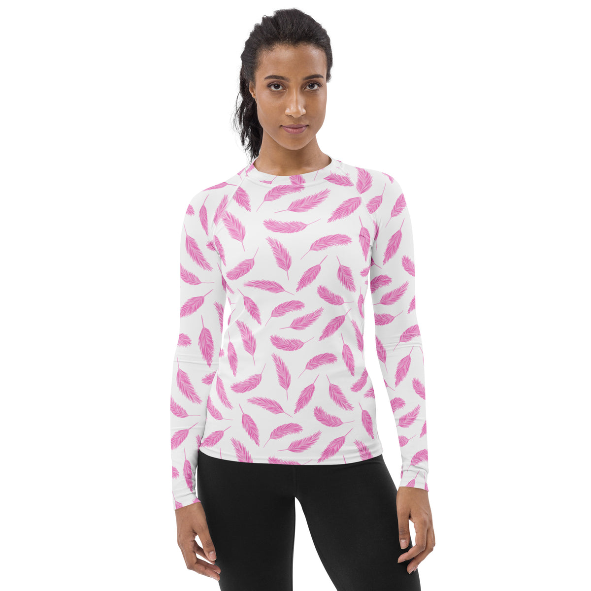Women's Pink Flamingo Feather Long Sleeve Rash Guard Swim Shirt – Buttery Soft, Sun Safe UPF 50+ Protection, Quick Dry & 4-Way Stretch Comfort