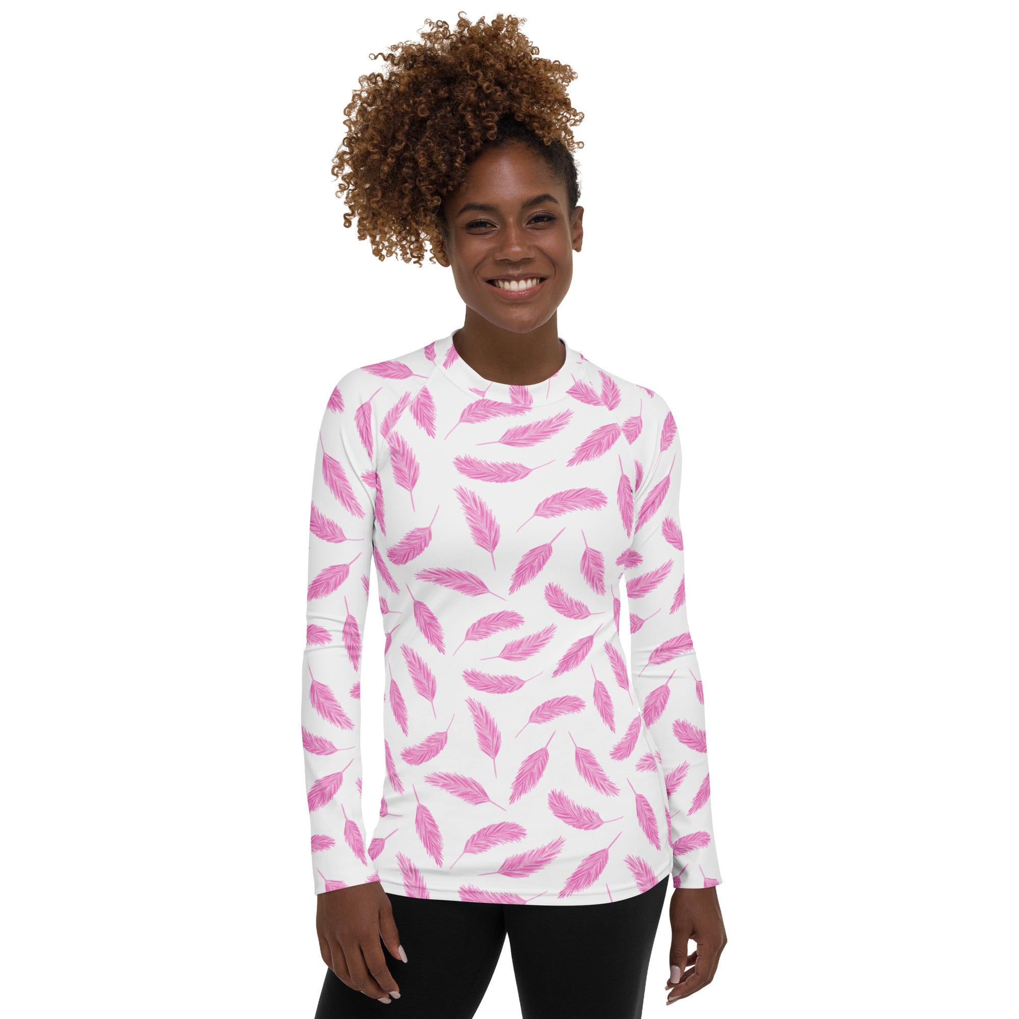 Women's Pink Flamingo Feather Long Sleeve Rash Guard Swim Shirt – Buttery Soft, Sun Safe UPF 50+ Protection, Quick Dry & 4-Way Stretch Comfort