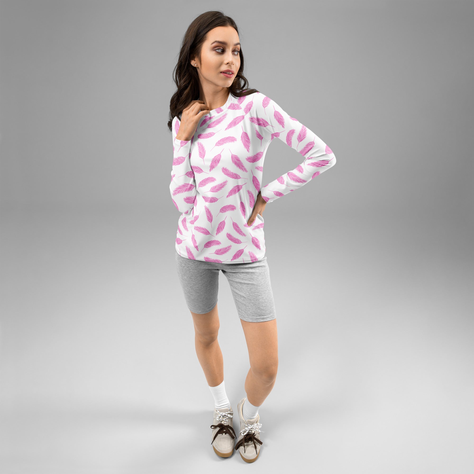 Women's Pink Flamingo Feather Long Sleeve Rash Guard Swim Shirt – Buttery Soft, Sun Safe UPF 50+ Protection, Quick Dry & 4-Way Stretch Comfort