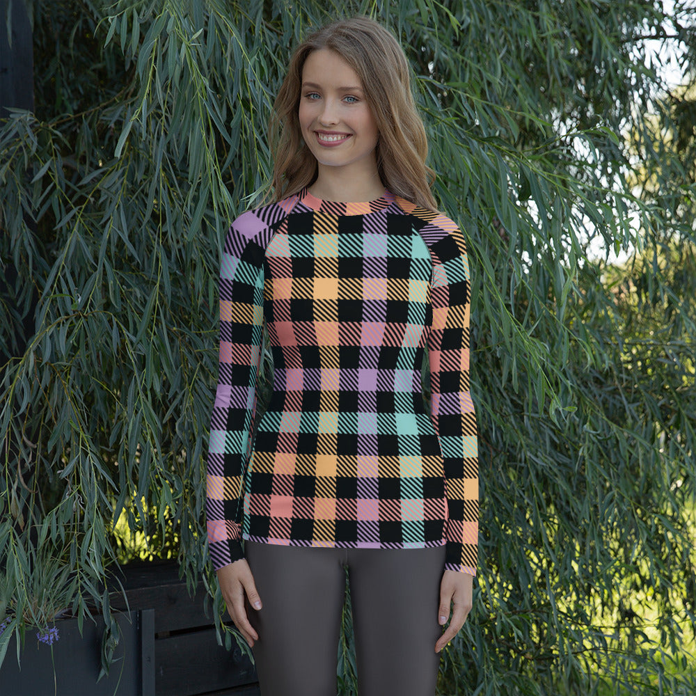 Women's Rainbow Plaid Long Sleeve Rash Guard Swim Shirt – Buttery Soft, Sun Safe UPF 50+ Protection, Quick Dry & 4-Way Stretch Comfort