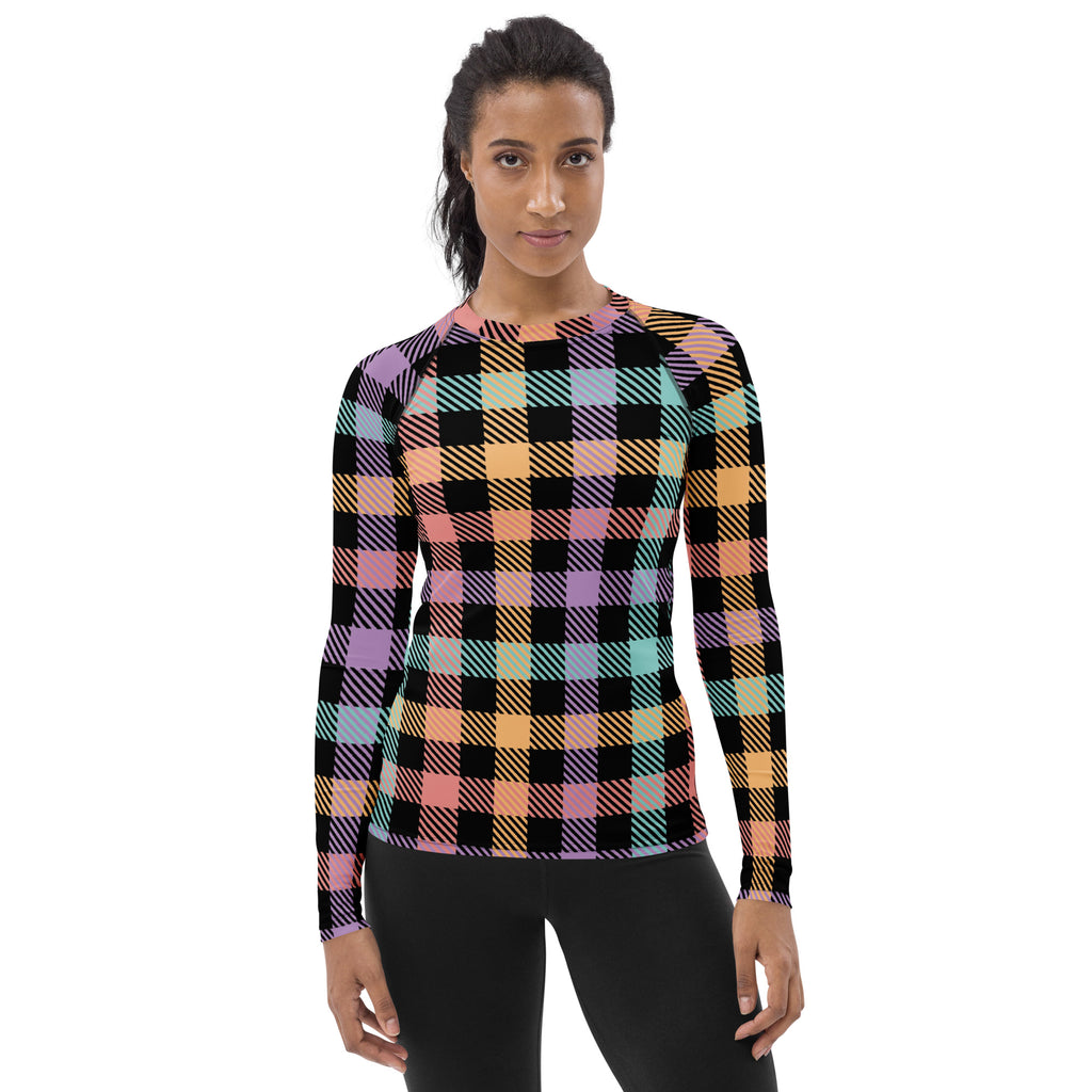 Women's Rainbow Plaid Long Sleeve Rash Guard Swim Shirt – Buttery Soft, Sun Safe UPF 50+ Protection, Quick Dry & 4-Way Stretch Comfort
