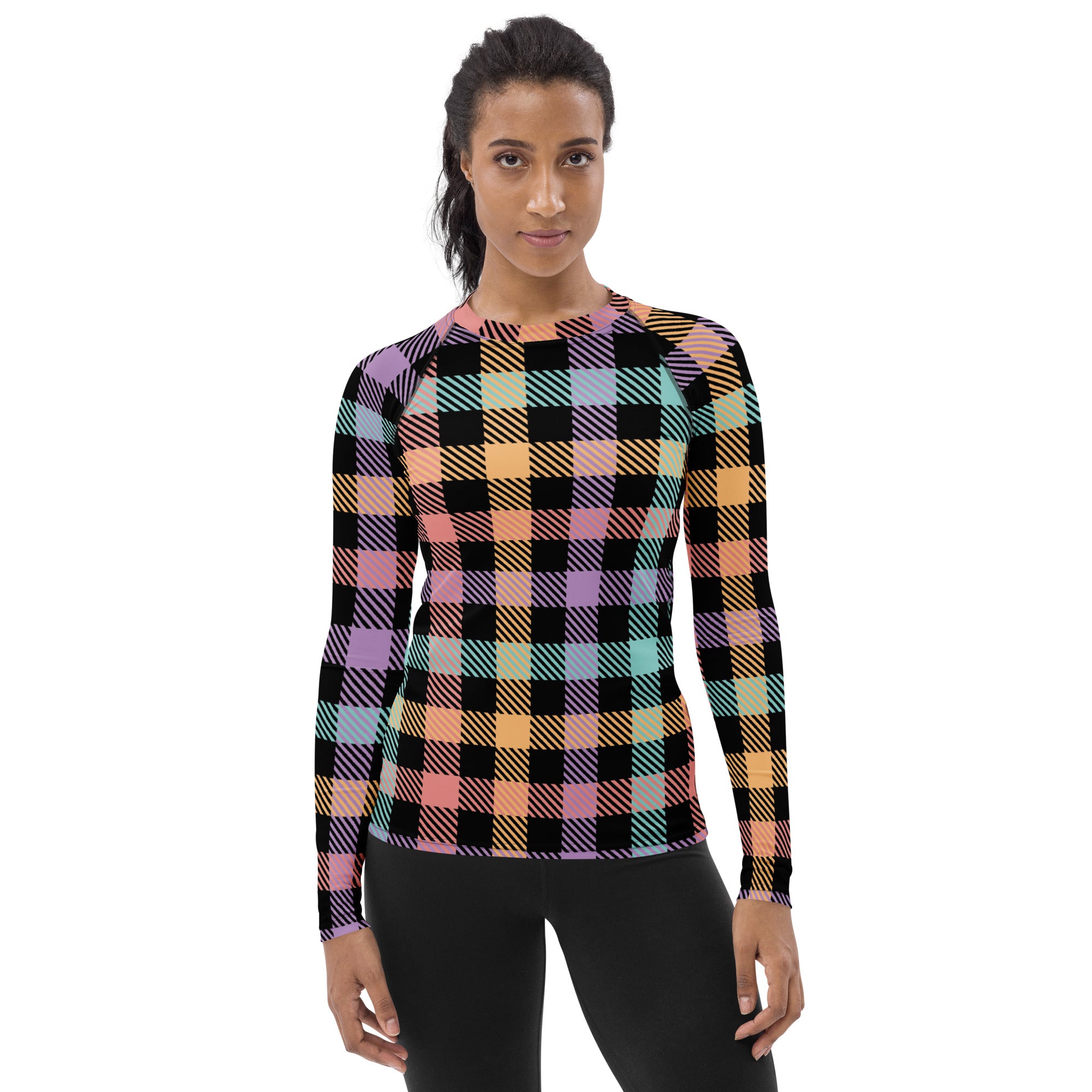 Women's Rainbow Plaid Long Sleeve Rash Guard Swim Shirt – Buttery Soft, Sun Safe UPF 50+ Protection, Quick Dry & 4-Way Stretch Comfort