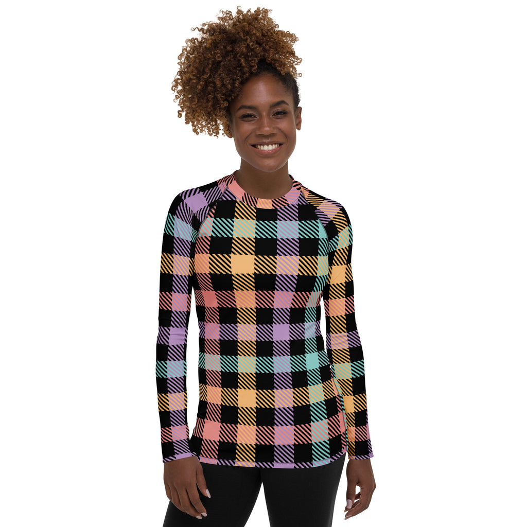Women's Rainbow Plaid Long Sleeve Rash Guard Swim Shirt – Buttery Soft, Sun Safe UPF 50+ Protection, Quick Dry & 4-Way Stretch Comfort
