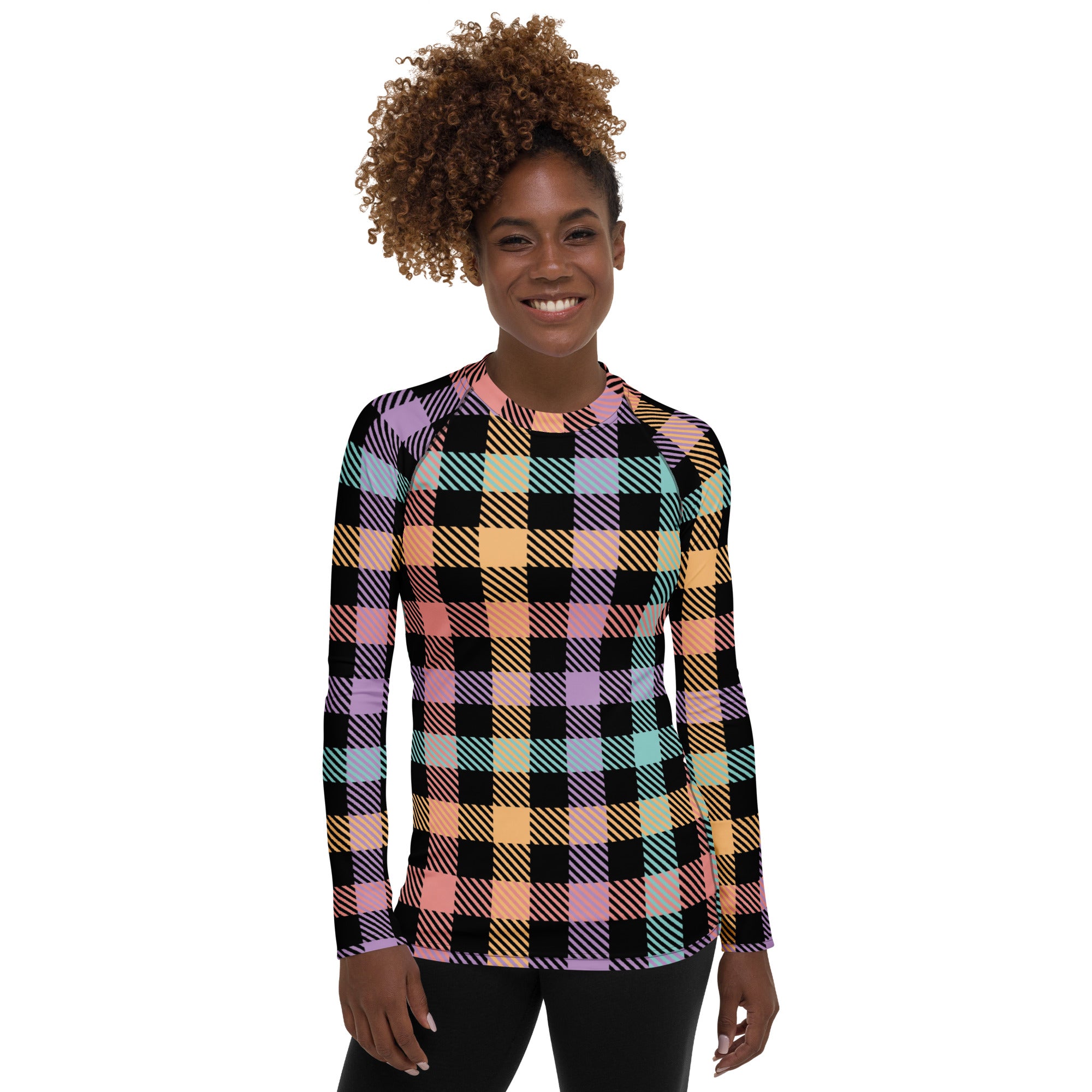 Women's Rainbow Plaid Long Sleeve Rash Guard Swim Shirt – Buttery Soft, Sun Safe UPF 50+ Protection, Quick Dry & 4-Way Stretch Comfort