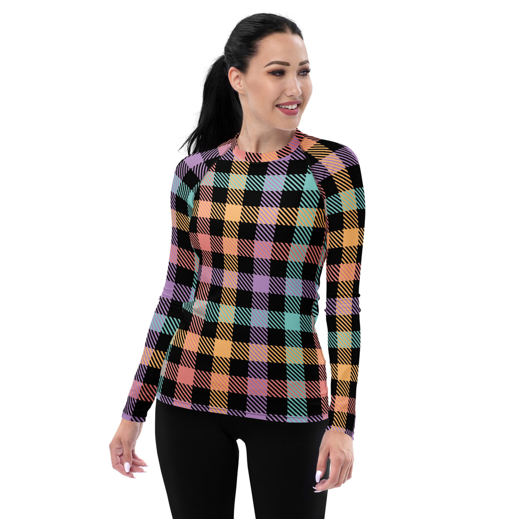 Women's Rainbow Plaid Long Sleeve Rash Guard Swim Shirt – Buttery Soft, Sun Safe UPF 50+ Protection, Quick Dry & 4-Way Stretch Comfort