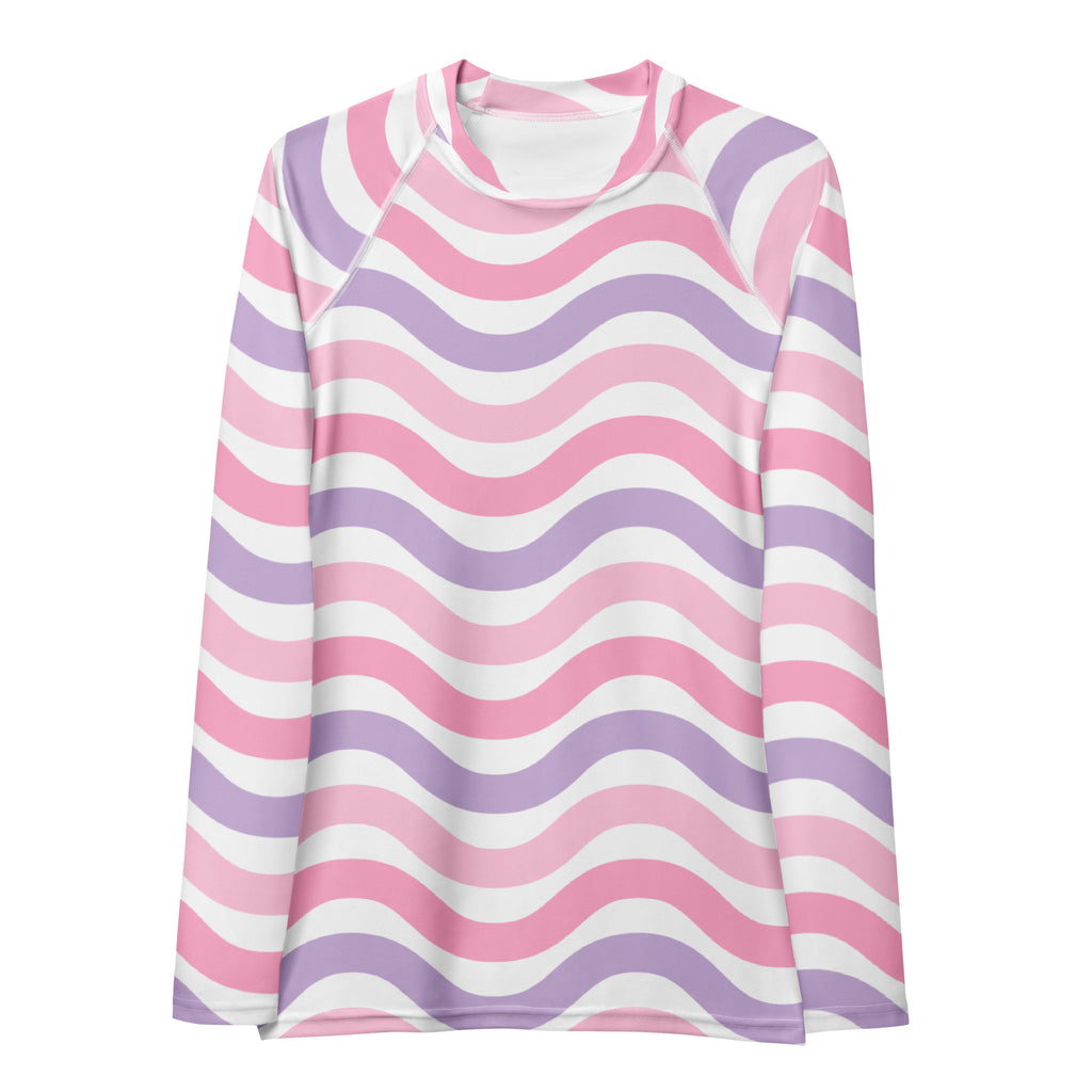 Women's Coastal Pink Purple Wavy Stripe Long Sleeve Rash Guard Swim Shirt – Buttery Soft, Sun Safe UPF 50+ Protection, Quick Dry & 4-Way Stretch Comfort