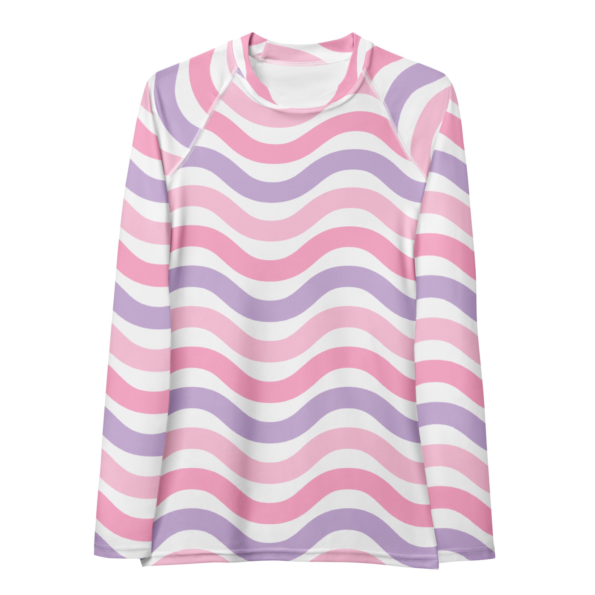 Women's Coastal Pink Purple Wavy Stripe Long Sleeve Rash Guard Swim Shirt – Buttery Soft, Sun Safe UPF 50+ Protection, Quick Dry & 4-Way Stretch Comfort