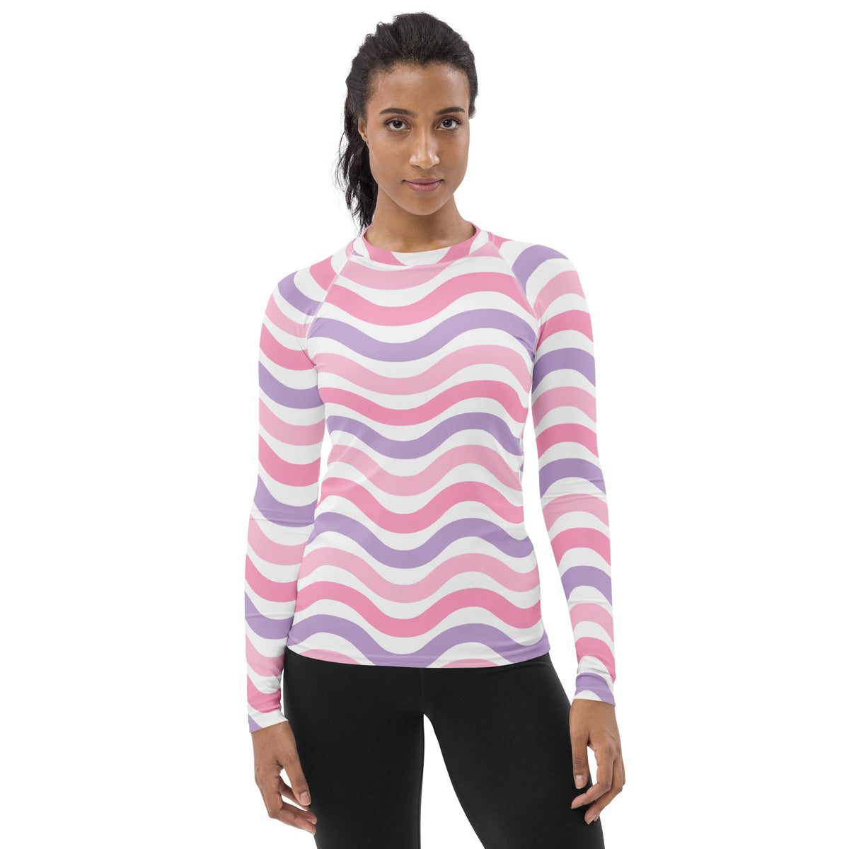 Women's Coastal Pink Purple Wavy Stripe Long Sleeve Rash Guard Swim Shirt – Buttery Soft, Sun Safe UPF 50+ Protection, Quick Dry & 4-Way Stretch Comfort